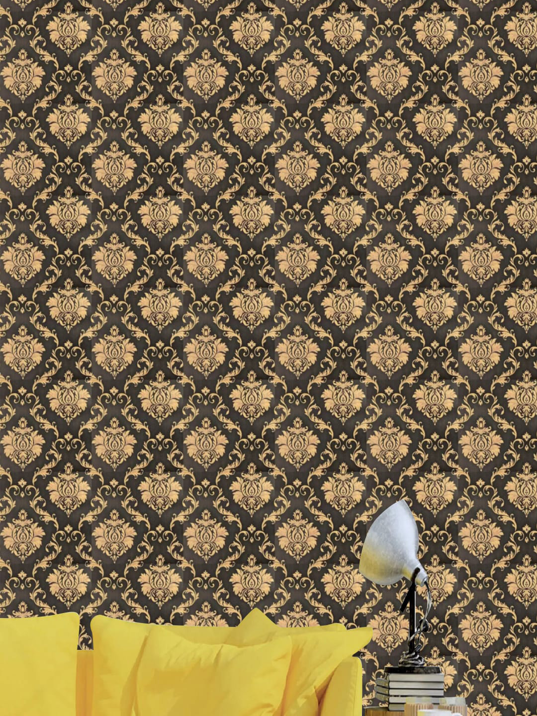 Jaamso Royals Black & Beige Damask Printed Self Adhesive Wallpaper