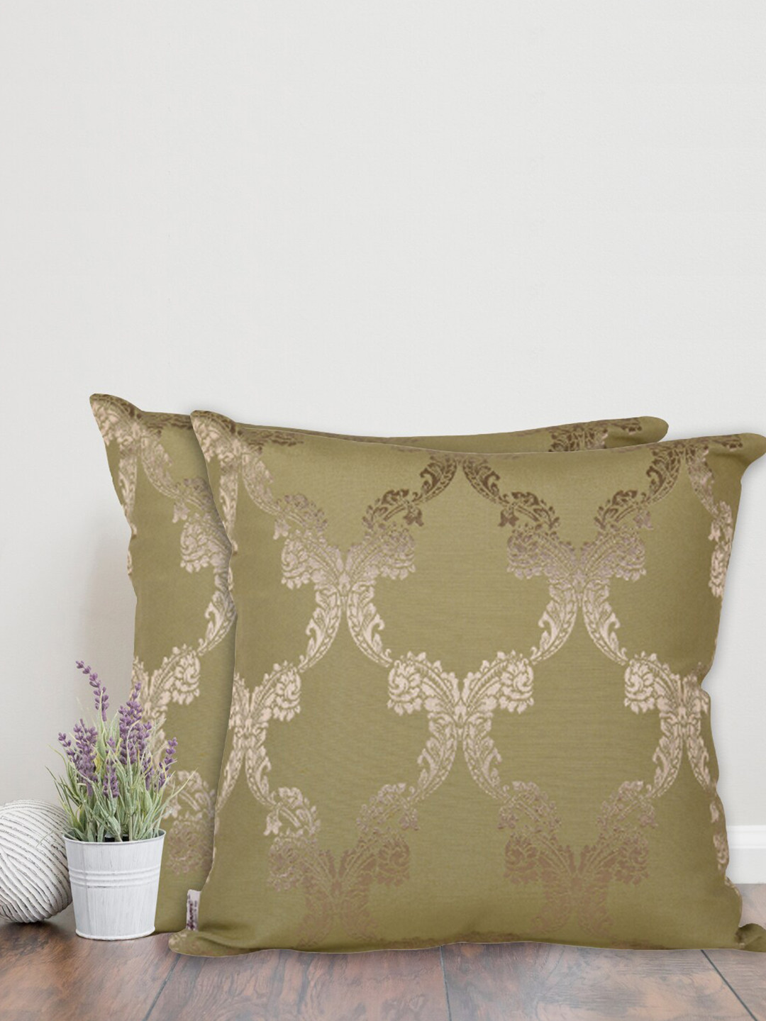 Home Olive Ethnic Motifs Polyester Silk Lightweight 2 Piece Square Cushion Covers -24x24In