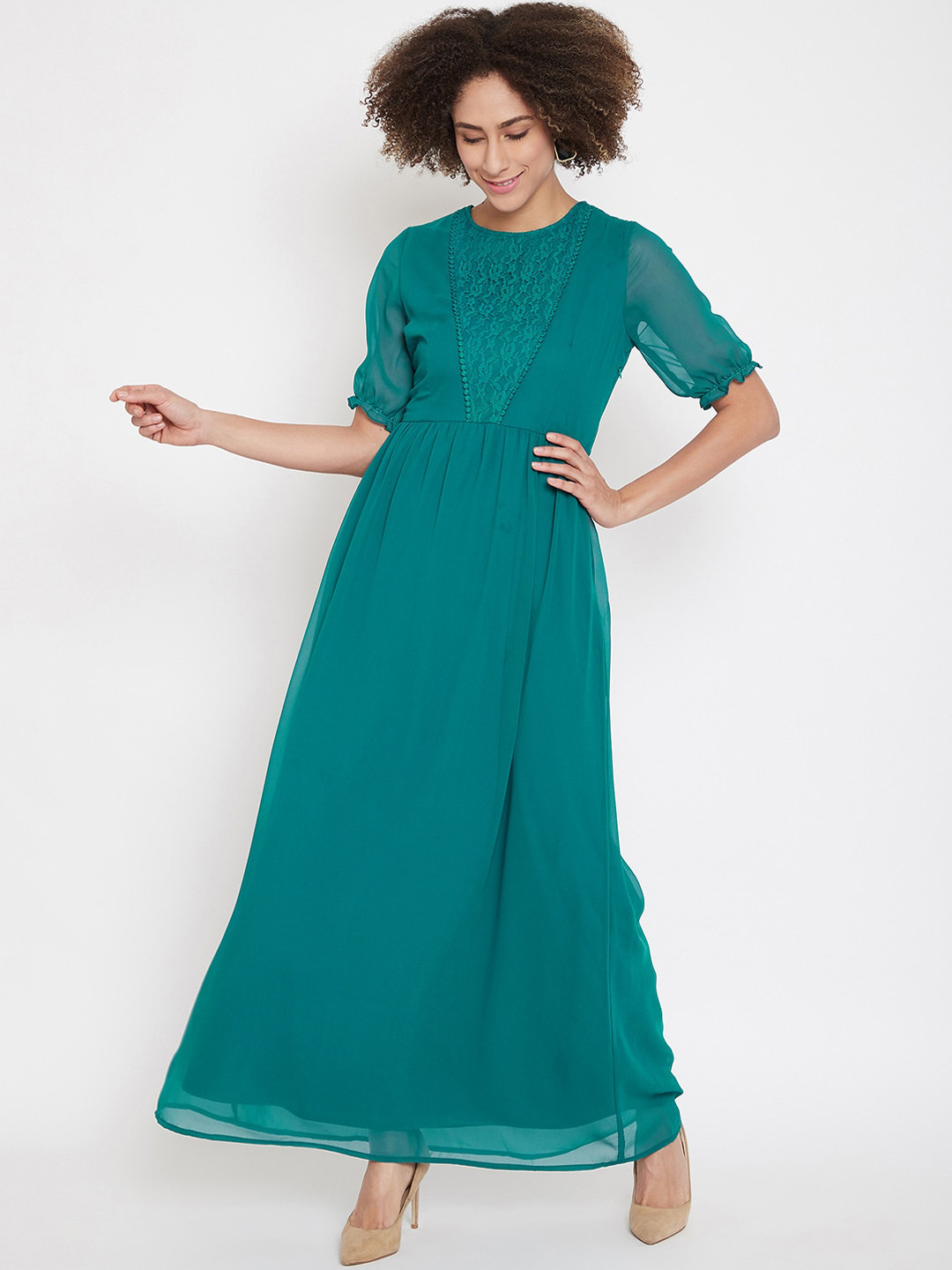 La Zoire Teal Georgette Maxi Dress with Lace Detailing