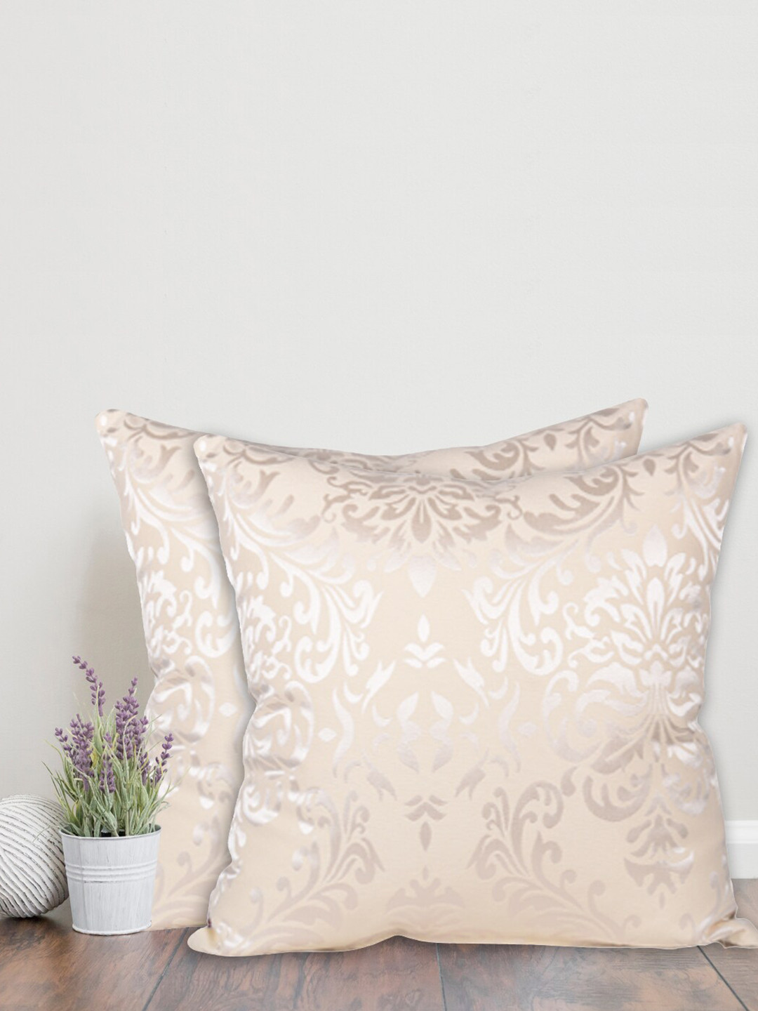 Home Cream Ethnic Motifs Cotton Lightweight 2 Piece Square Cushion Covers -14x14In