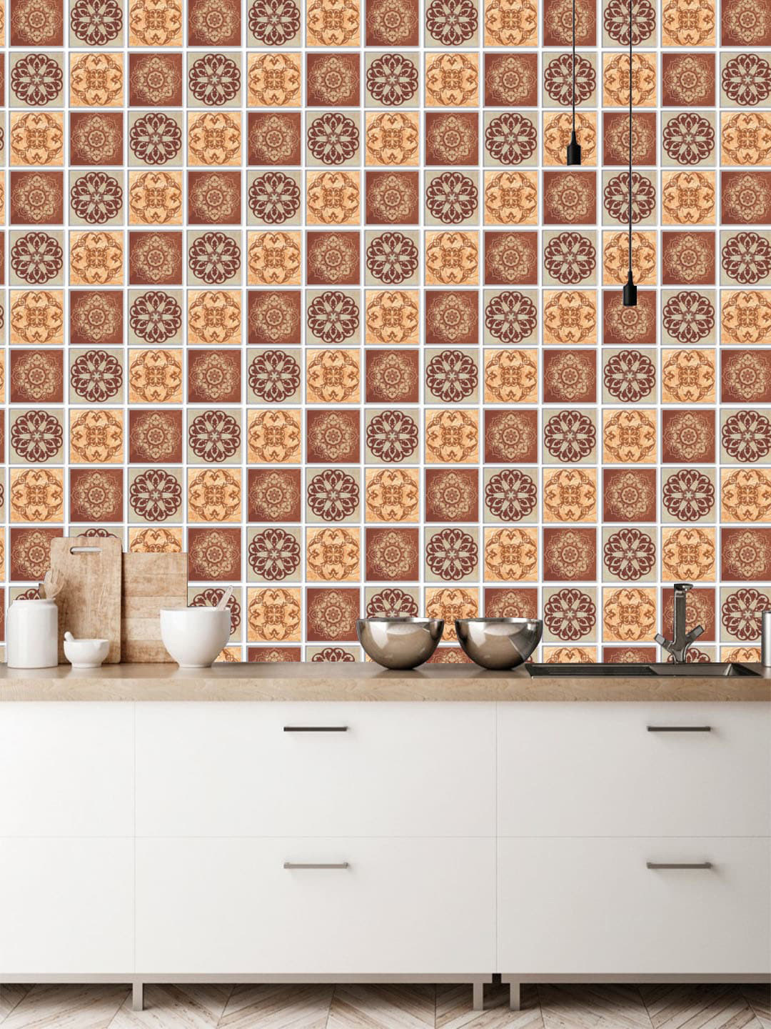 Jaamso Royals Peach-Coloured & Brown Set of 5 Printed Self Adhesive 3D Wallpapers