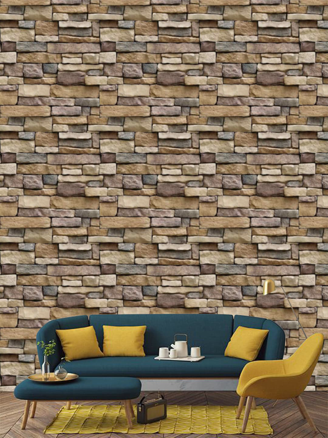 Jaamso Royals Brown Natural Brick Stone Printed Self Adhesive Wallpaper
