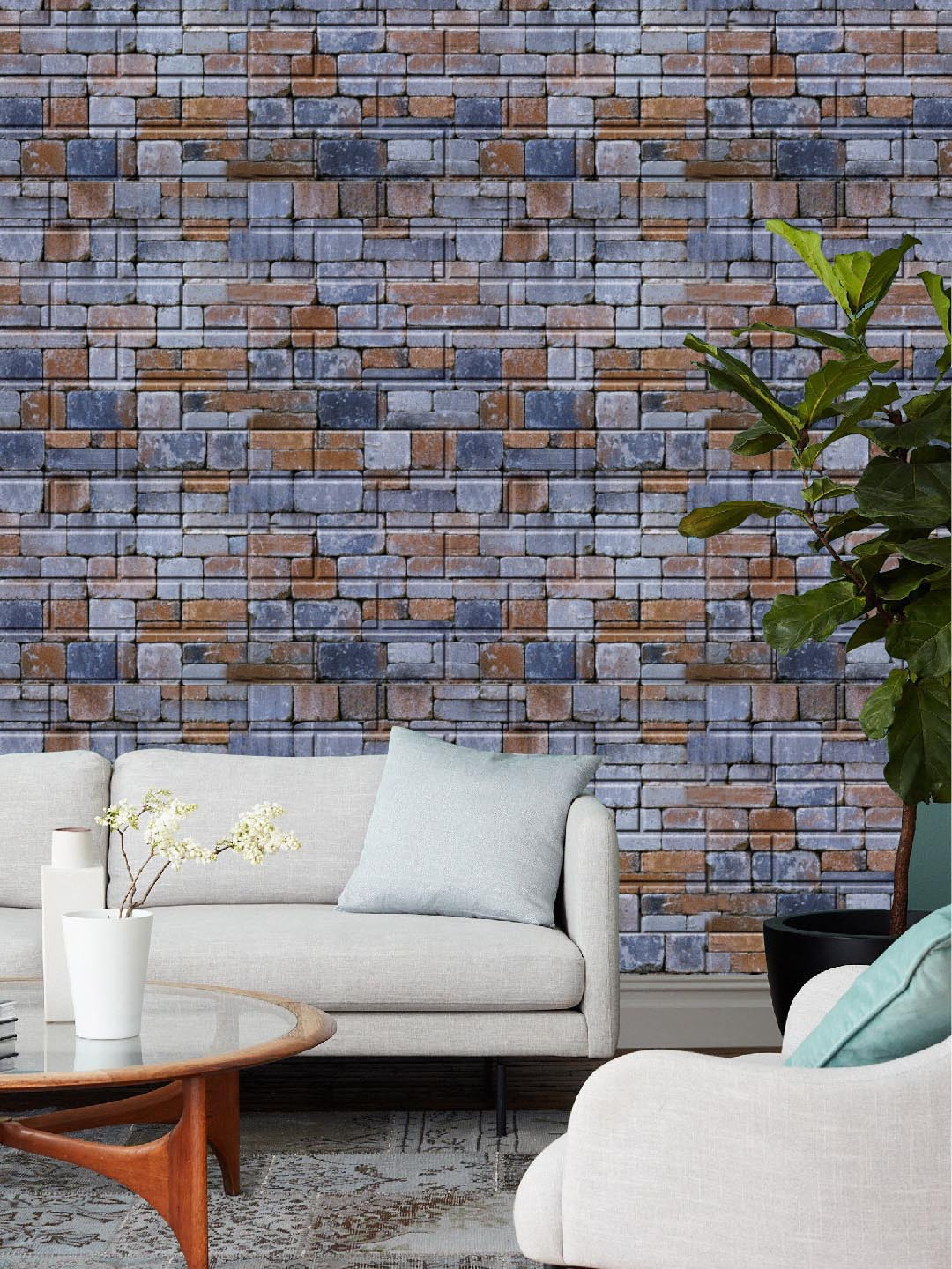 Jaamso Royals Blue & Brown Set of 10 Brick Stone Printed Self Adhesive 3D Wallpapers