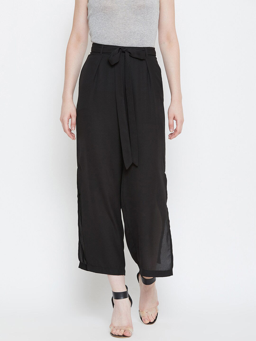 La Zoire Women Black Solid Drawstring Georgette Palazzos