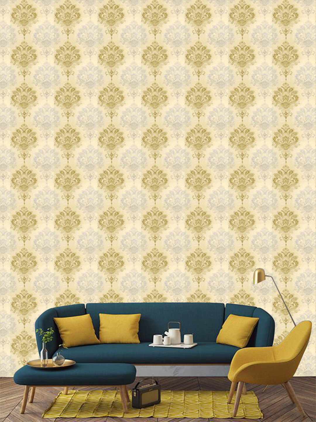 Jaamso Royals Silver-Coloured & Gold-Coloured Damask Printed Self Adhesive Wallpaper