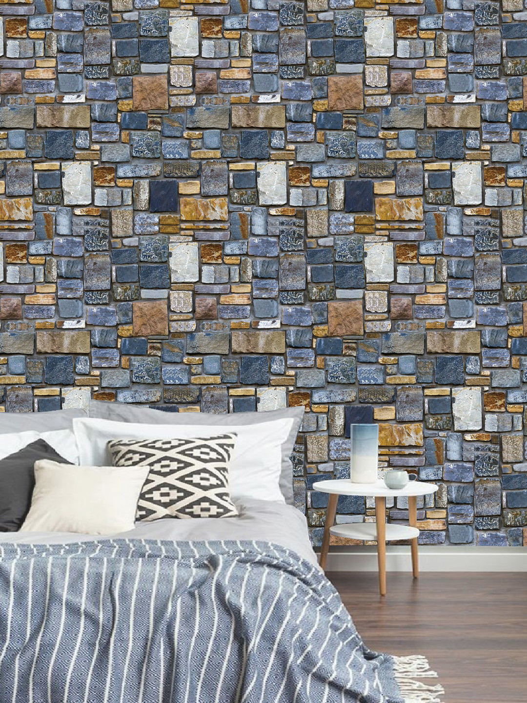 Jaamso Royals Blue & Brown Vintage Stone Printed Self Adhesive Wallpaper