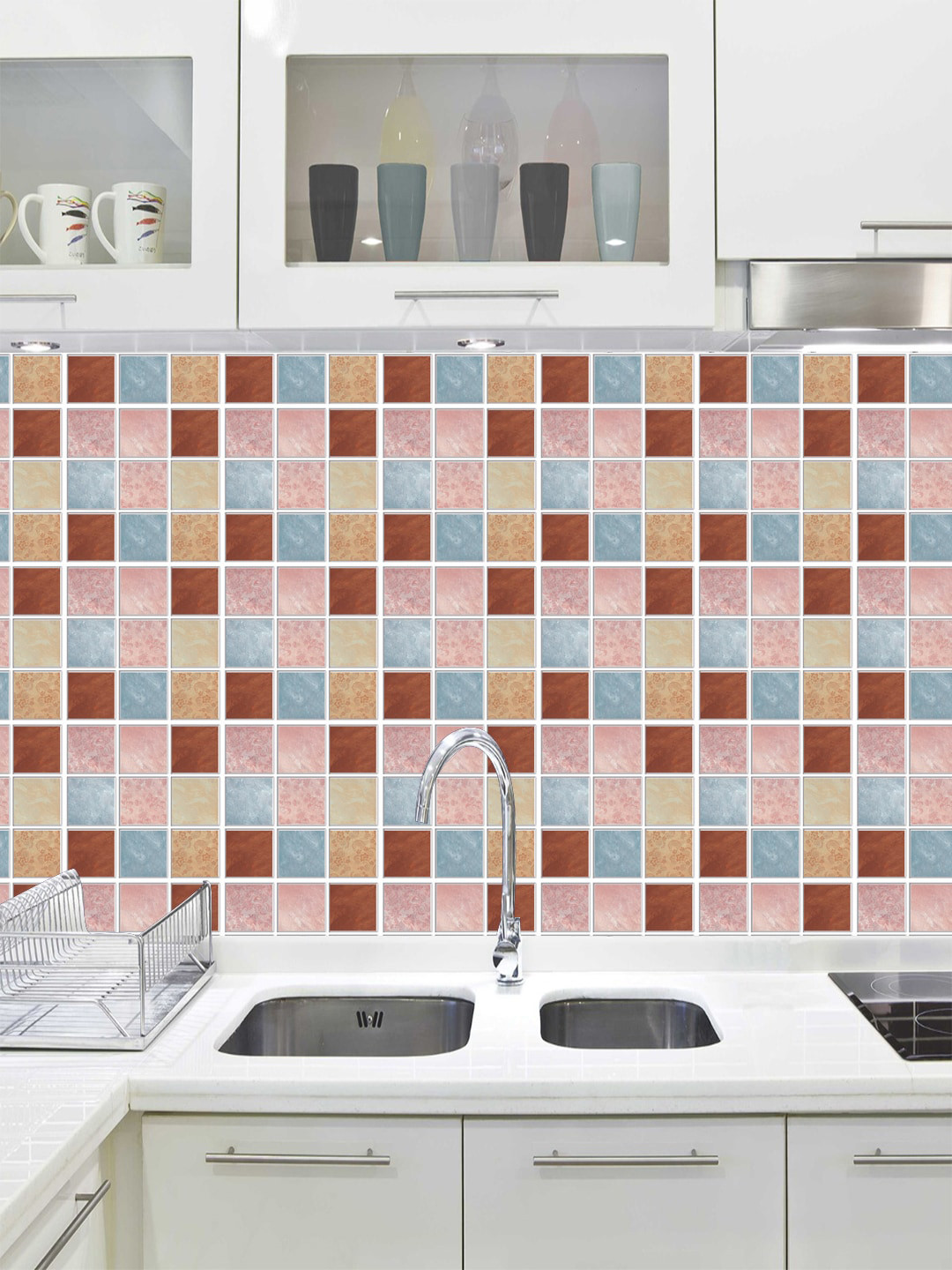 Jaamso Royals Pink & Brown Set of 10 Brick Stone Printed Self Adhesive 3D Wallpapers