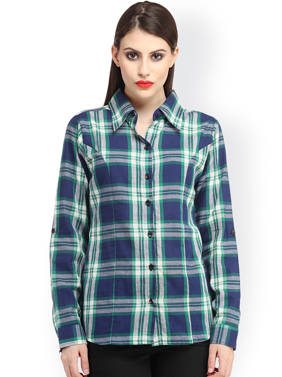 Cation Blue & Green Checked Slim Fit Casual Shirt
