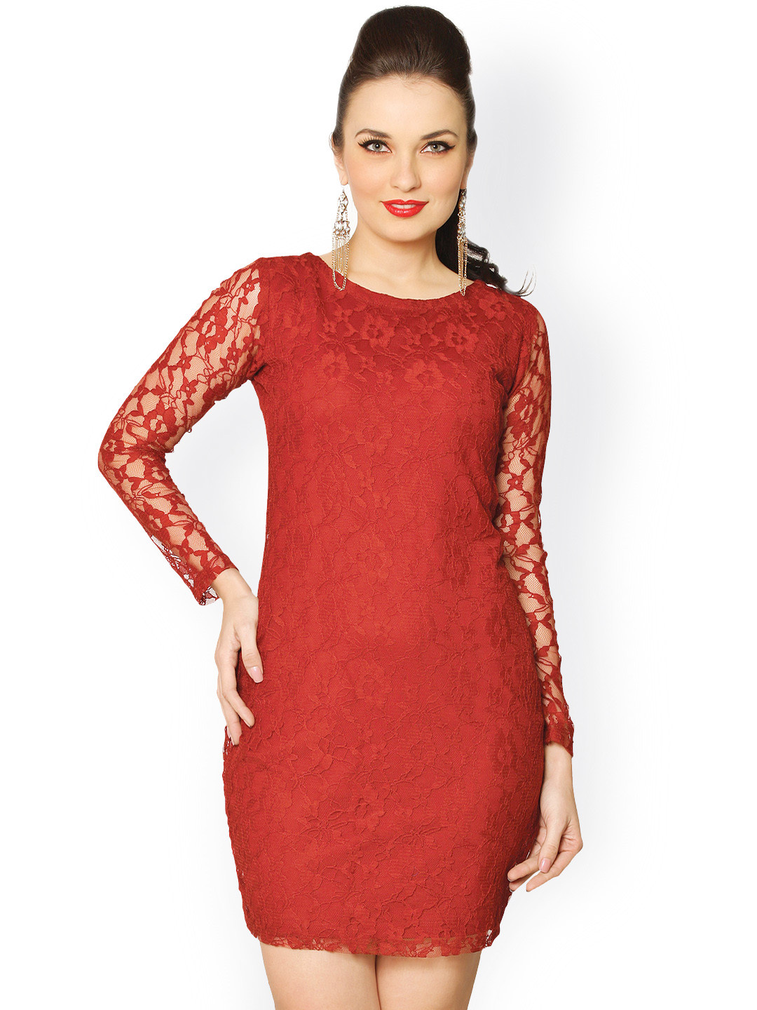 Miss Chase Maroon Lace Bodycon Dress