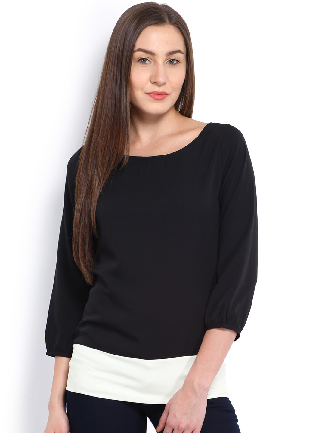 Harpa Women Black Colourblocked Styled Back Top
