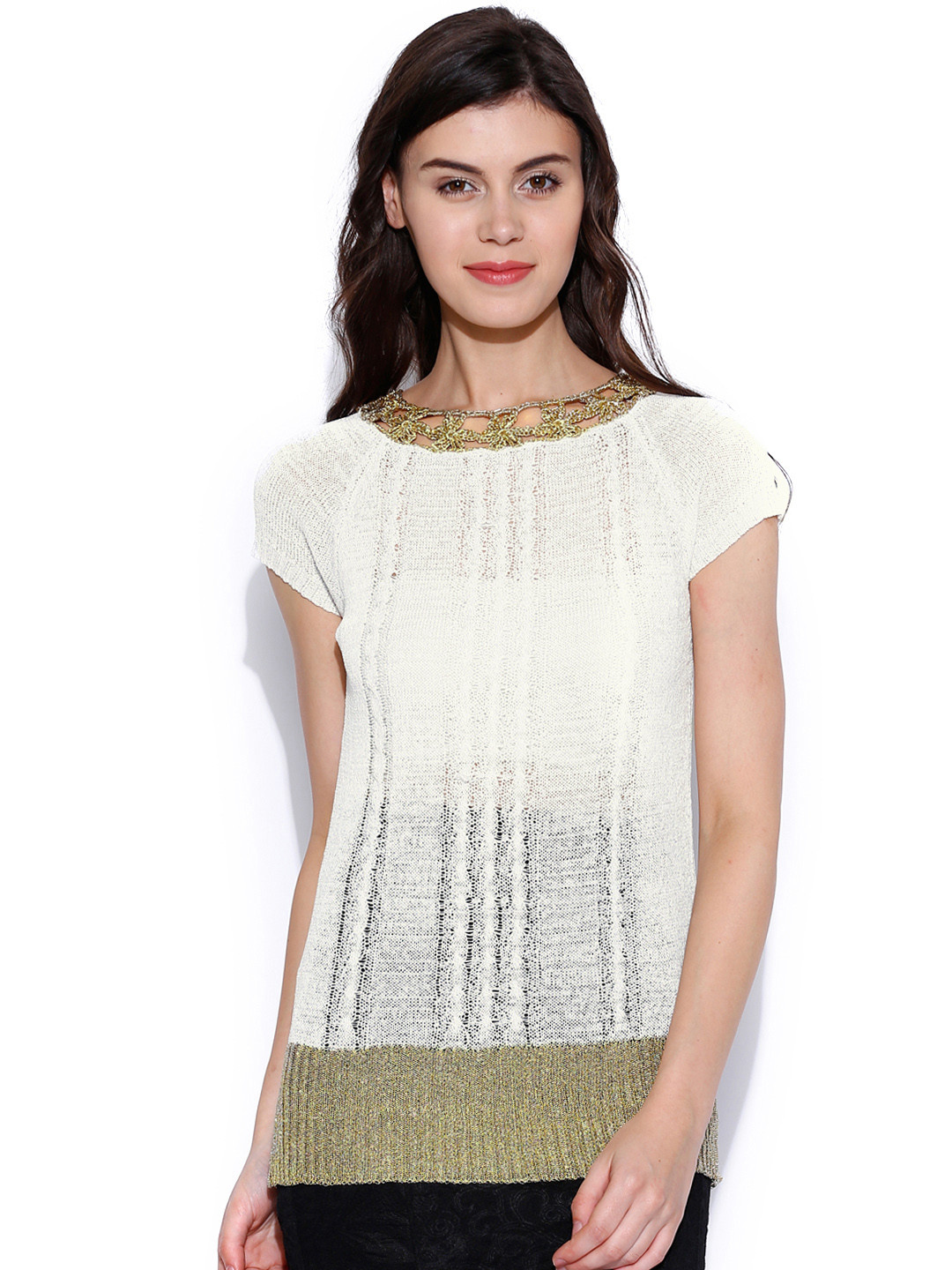 Tokyo Talkies White & Gold-Toned Patterned Top