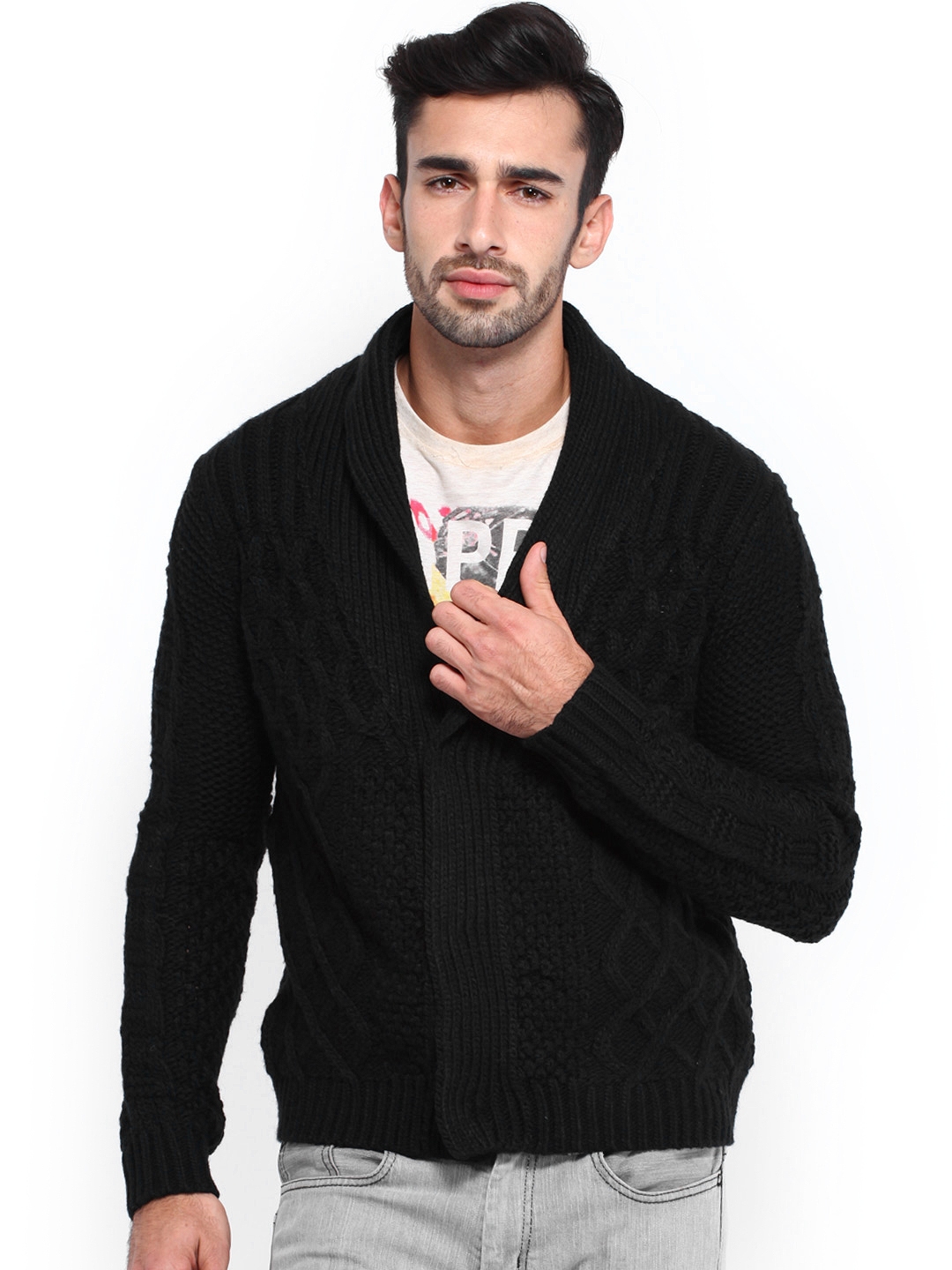 Buy Calvin Klein Jeans Men Black Woollen Cardigan - Sweaters for Men 554988  | Myntra