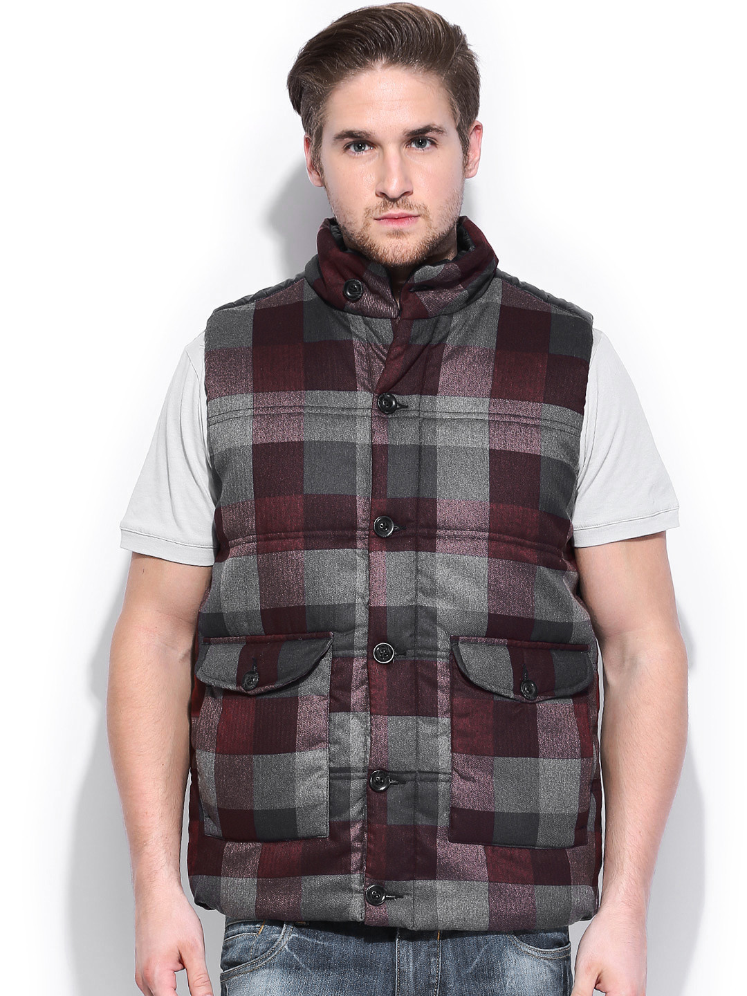 Wills Lifestyle Men Maroon & Grey Checked Padded Jacket