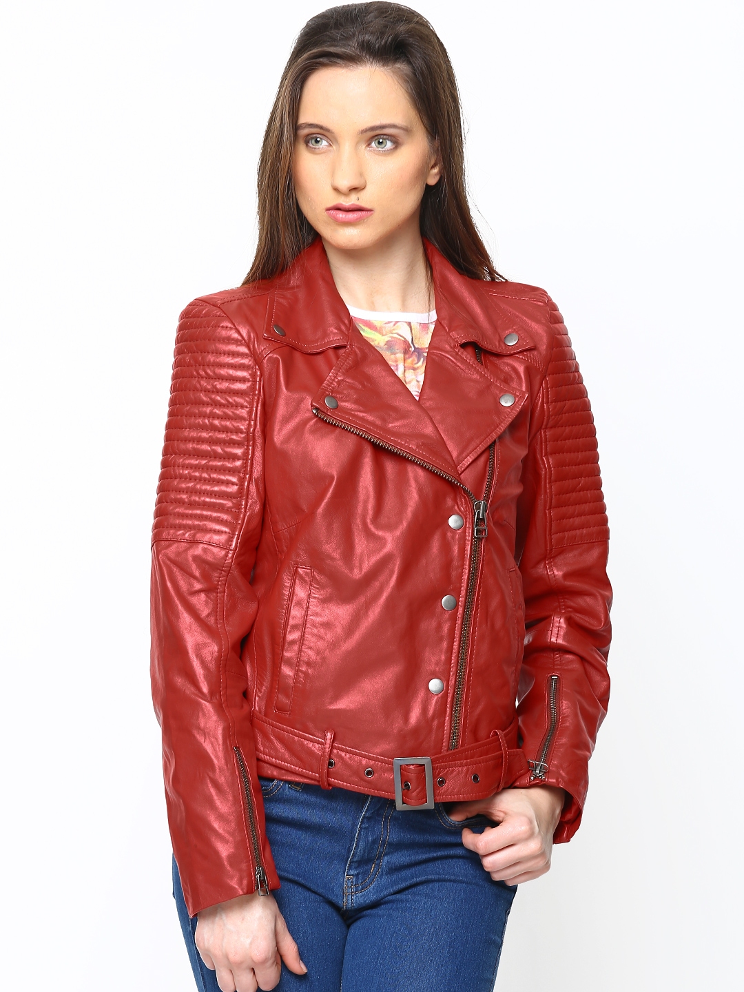 Buy Womens Quilted Leather Motorcycle Jacket Red