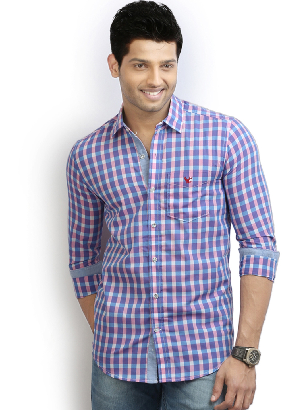 Buy Stagger Polo Men Blue Pink Checked Slim Fit Casual Shirt