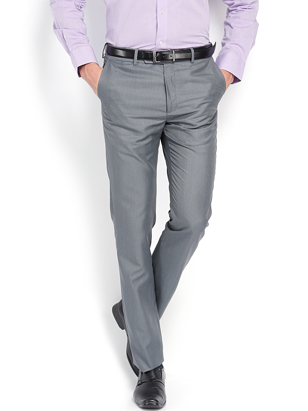 Buy BASICS Grey Structured Cotton Stretch Slim Tapered Fit Mens Trousers   Shoppers Stop