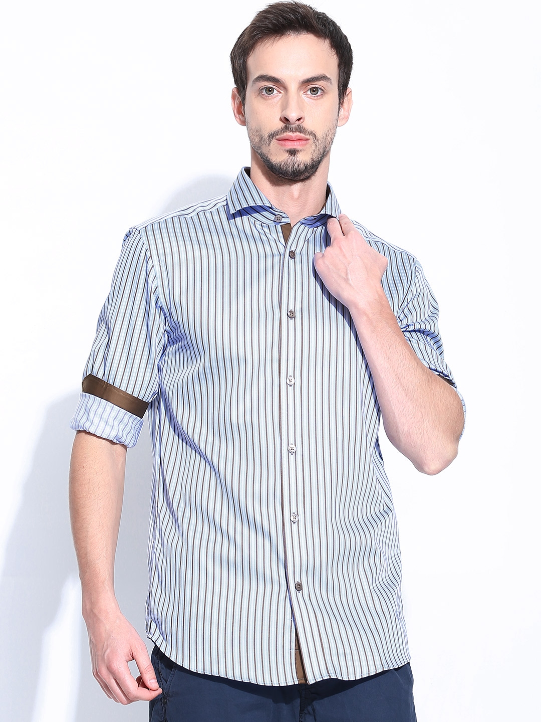 Buy Jack Jones Men Light Blue Olive Green Striped Slim Fit Formal Shirt Shirts For Men 679620 Myntra