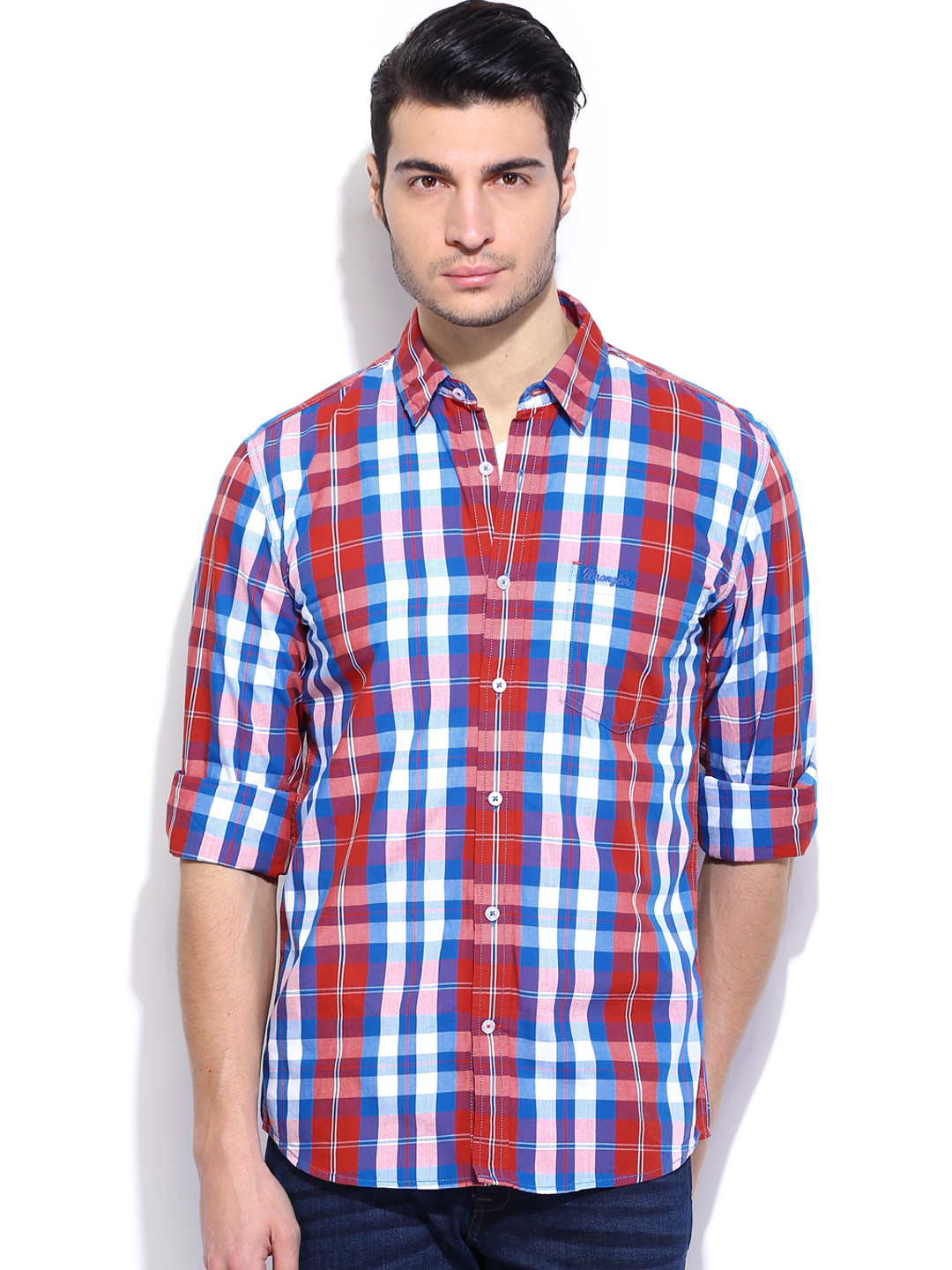 Wrangler Men White & Blue Checked Casual Shirt