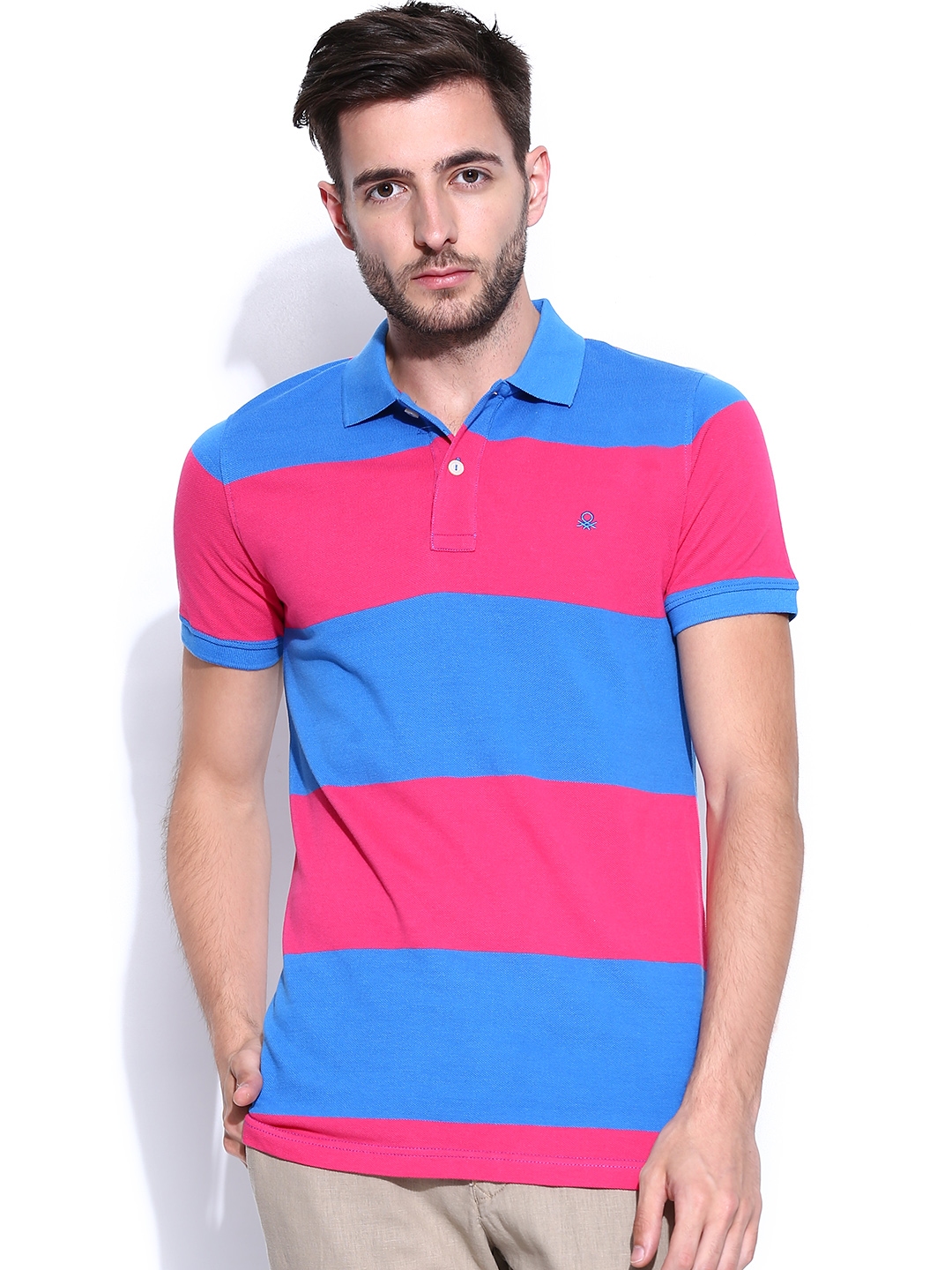 Louis Philippe Sport Striped Men Polo Neck Navy Blue, Pink T-Shirt
