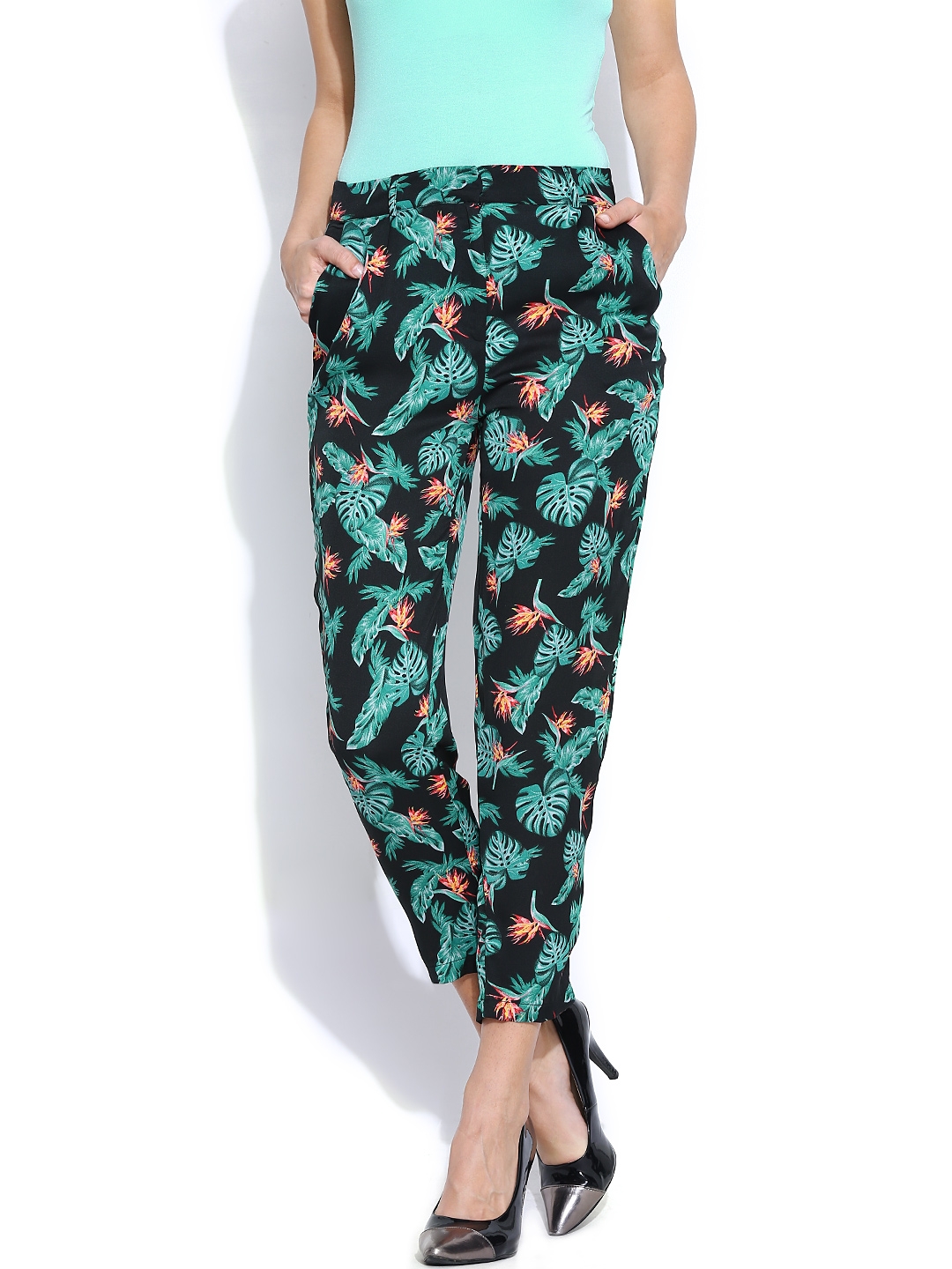 United Colors of Benetton Women Black   Green Printed Casual Trousers