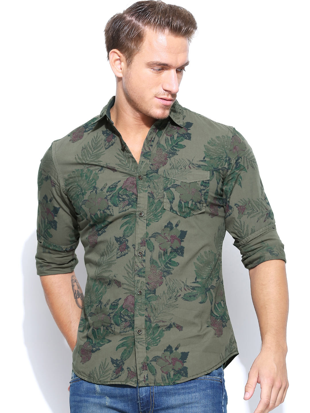 United Colors of Benetton Men Olive Green Printed Casual Shirt