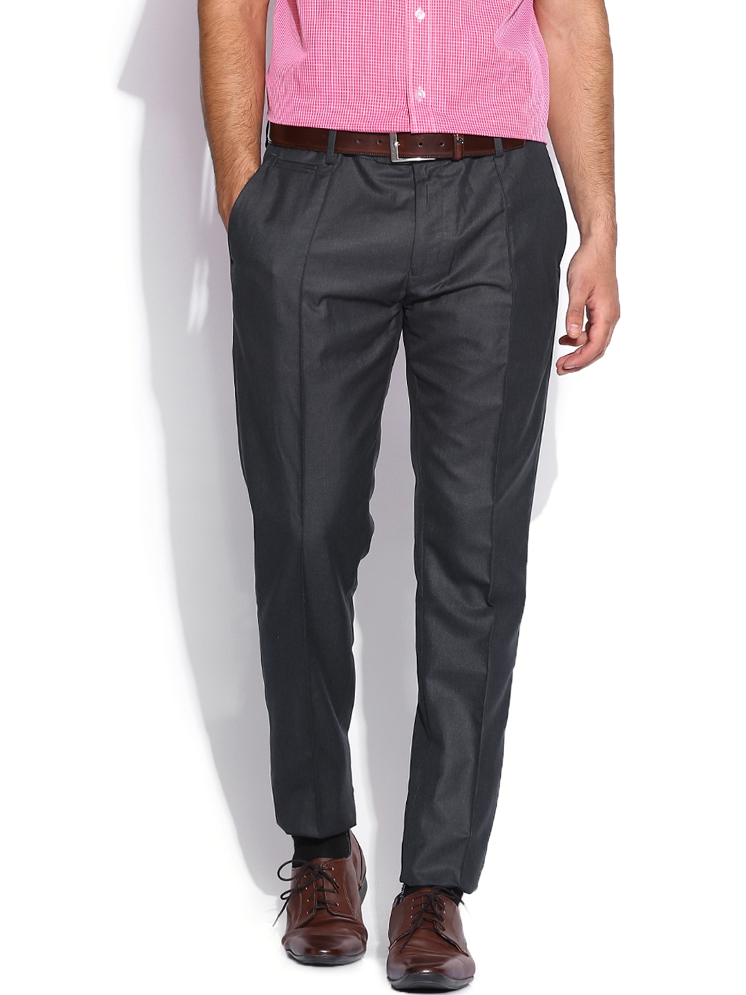Buy Peter England Dark Blue Carrot Fit Formal Trousers Trousers