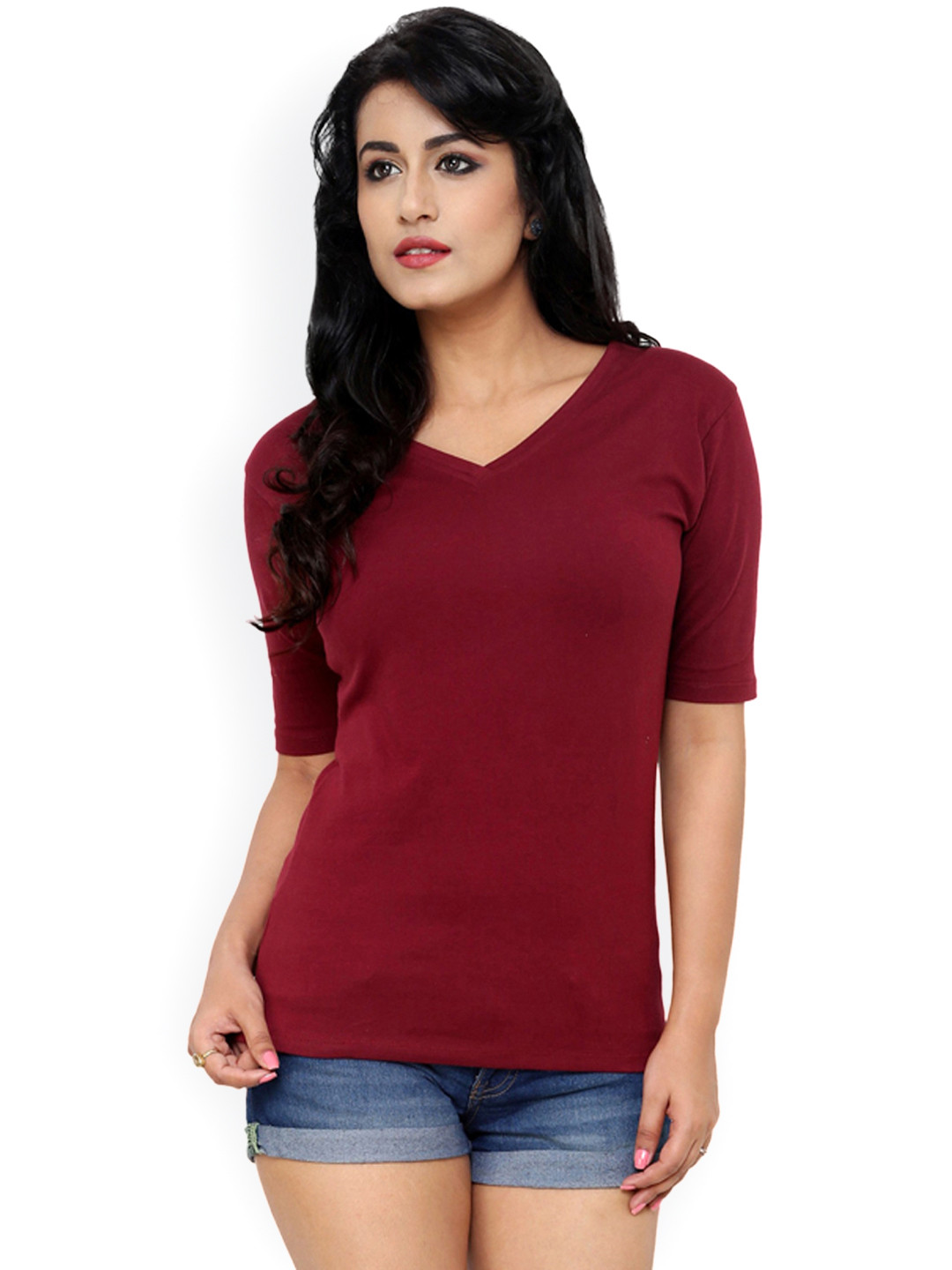 Buy Alba Women Maroon Solid V Neck T 