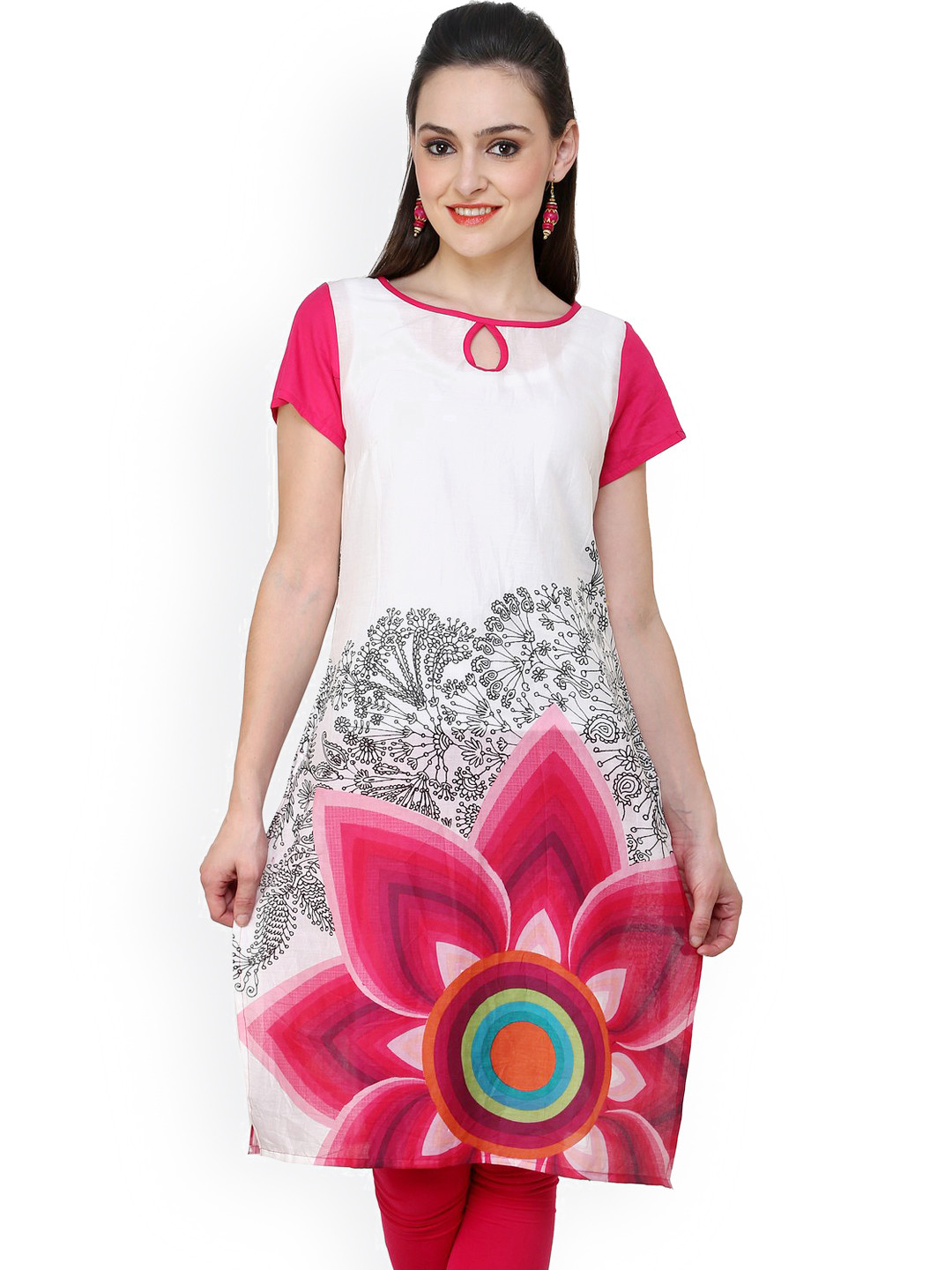 Pannkh White & Pink Placement Print Kurta