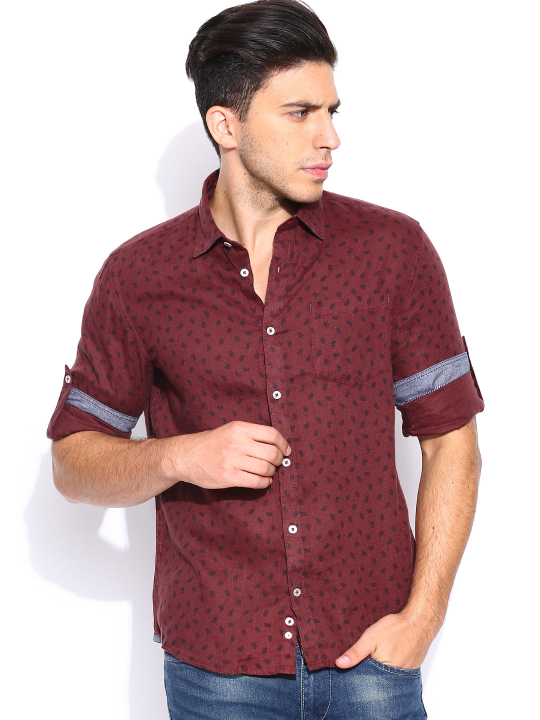 Buy Celio Maroon Printed Linen Casual 