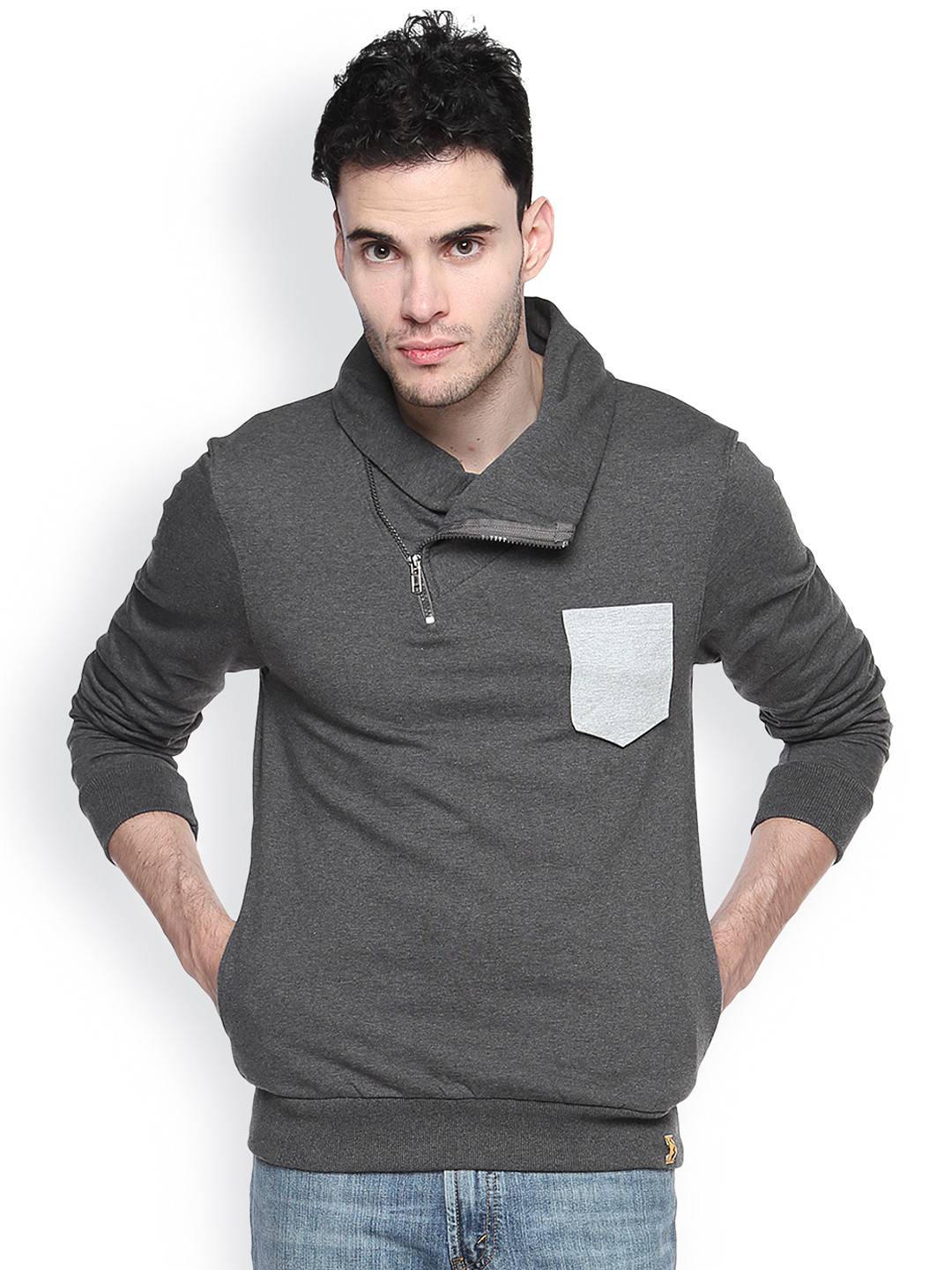 Campus Sutra Grey Shawl Neck Sweatshirt