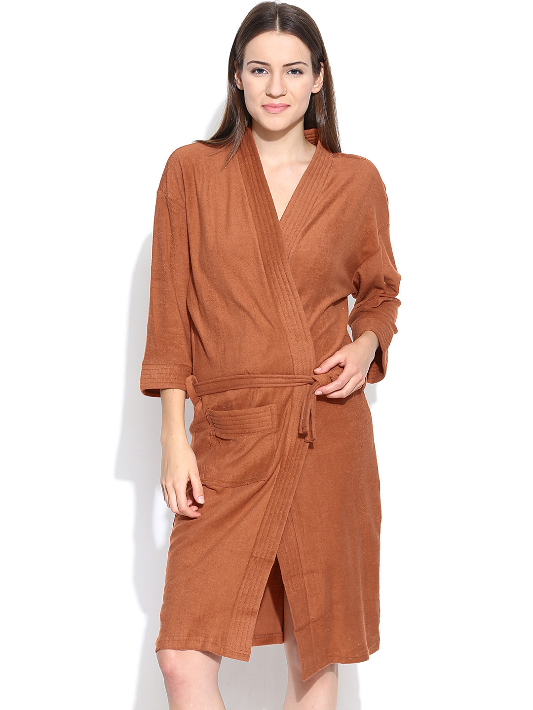 Sand Dune Rust Solid Cotton Drawstring Knee Length Bath Robe-XL