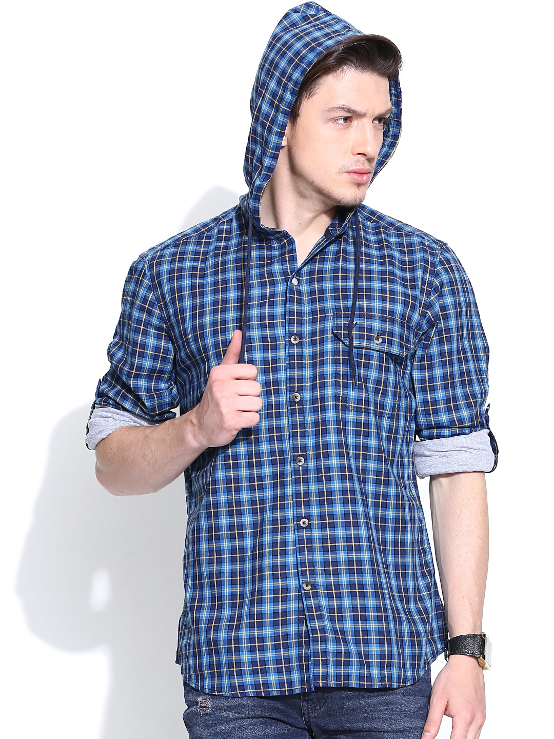 Buy John Players Blue Checked Hooded Trim Fit Casual Shirt - Shirts for Men  941334