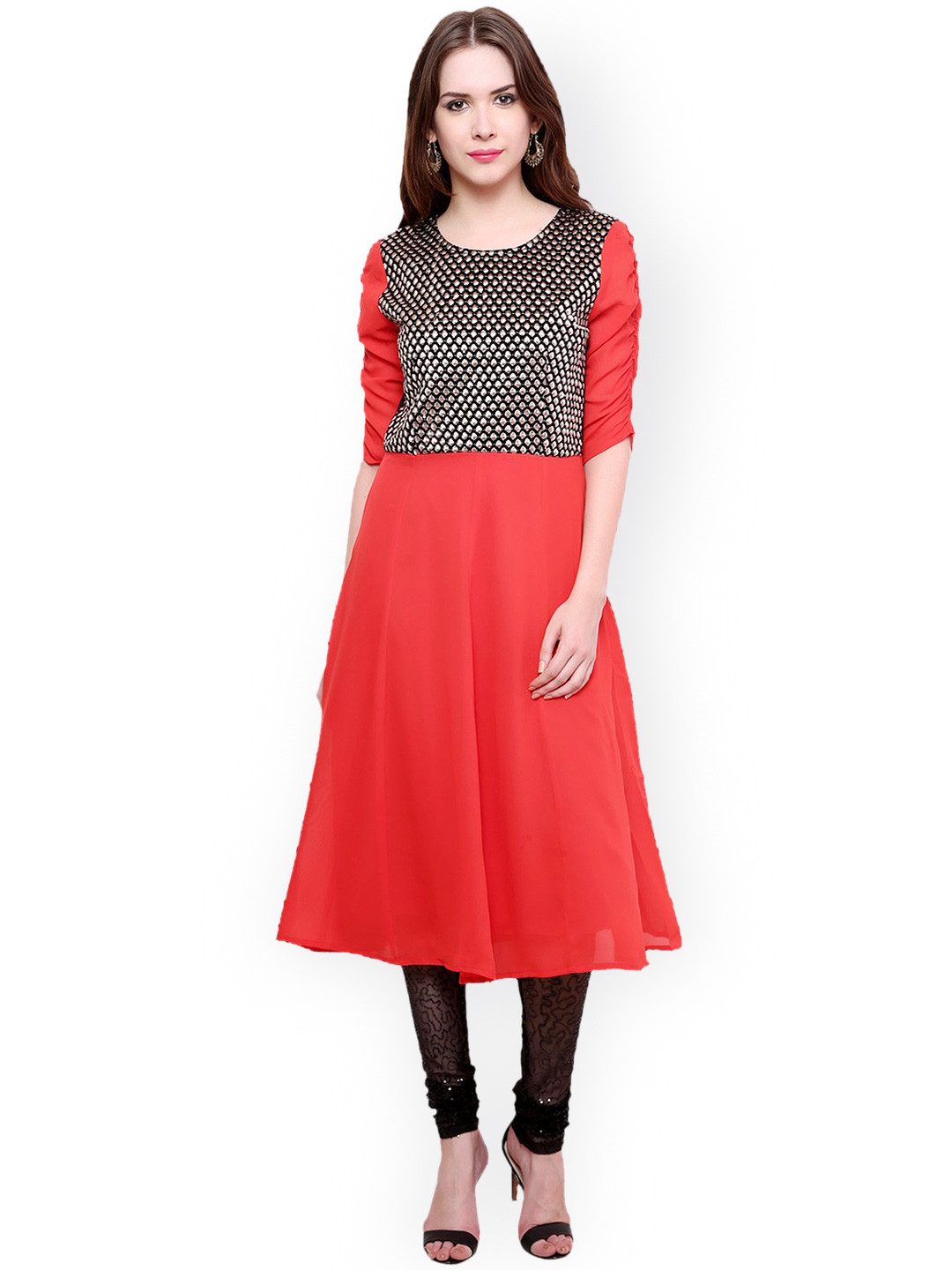 Pannkh Women Red Anarkali Kurta with Brocade Bodice
