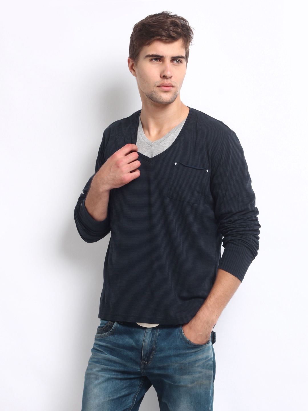 Buy Being Human Clothing Men Navy Grey Double Layered Pure Cotton T Shirt -  Tshirts for Men 155232
