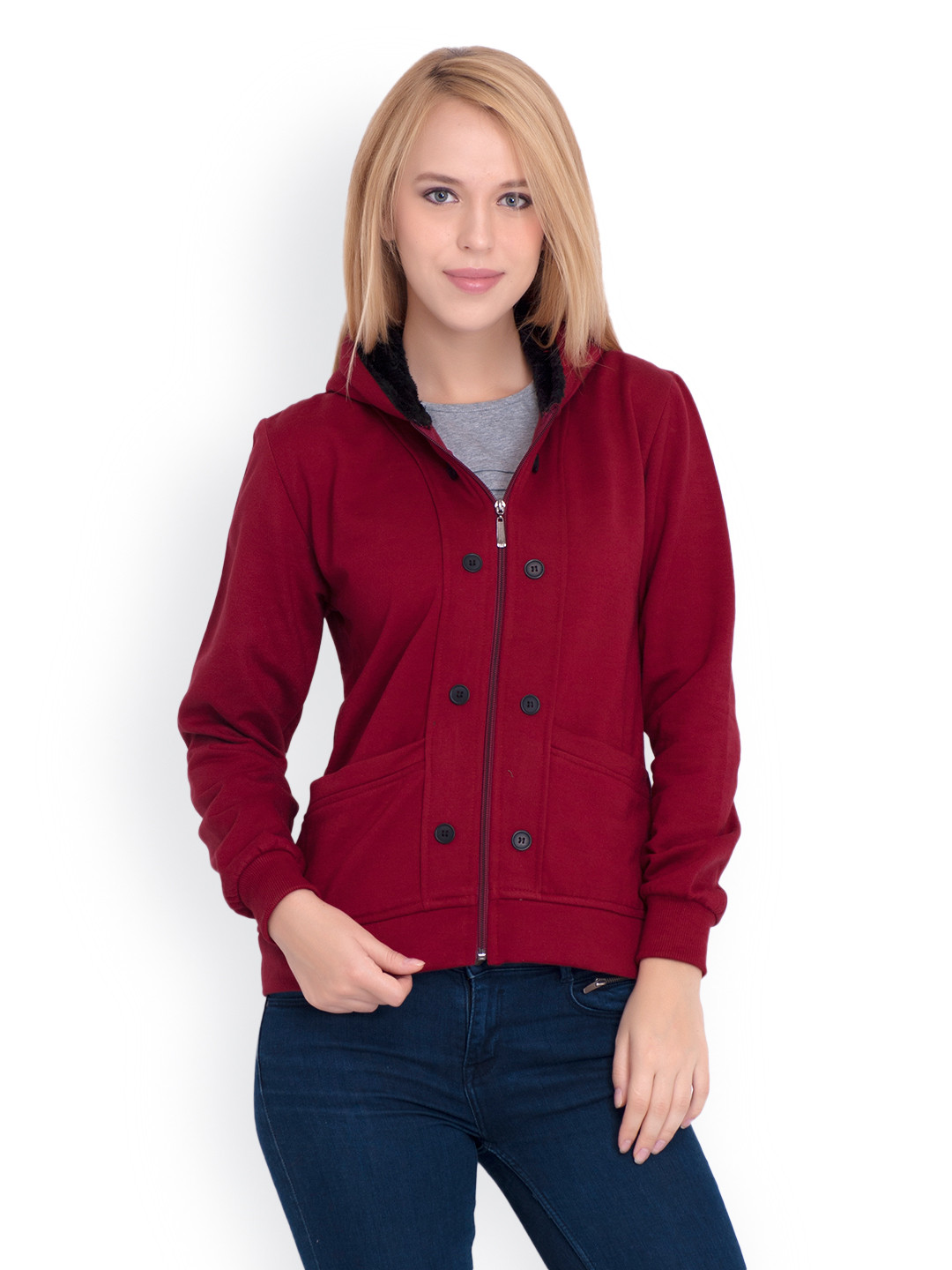 Belle Fille Women Maroon Hooded Sweatshirt