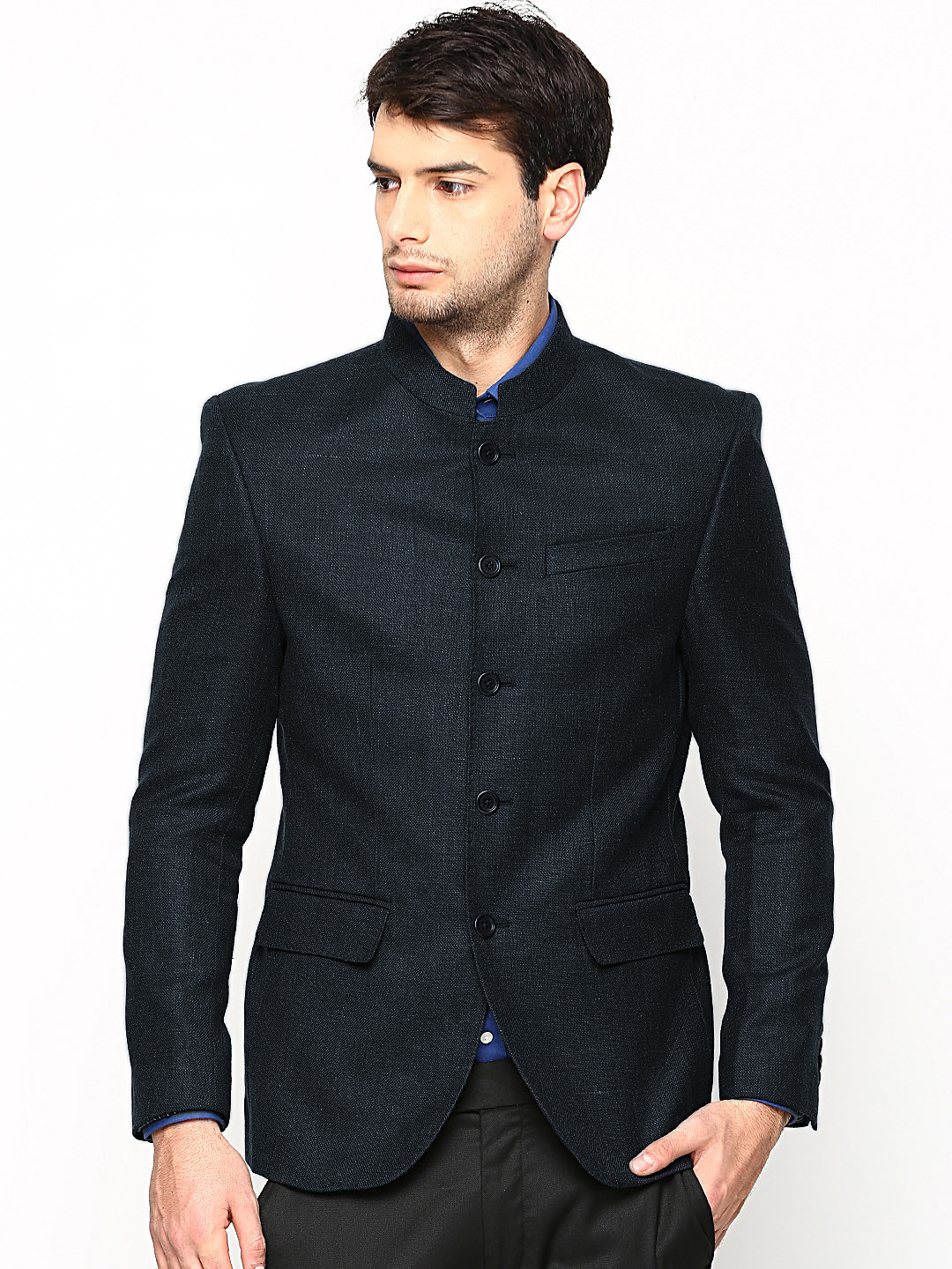 Blackberrys Men Navy Wool & Linen Blend Slim Fit Jacket