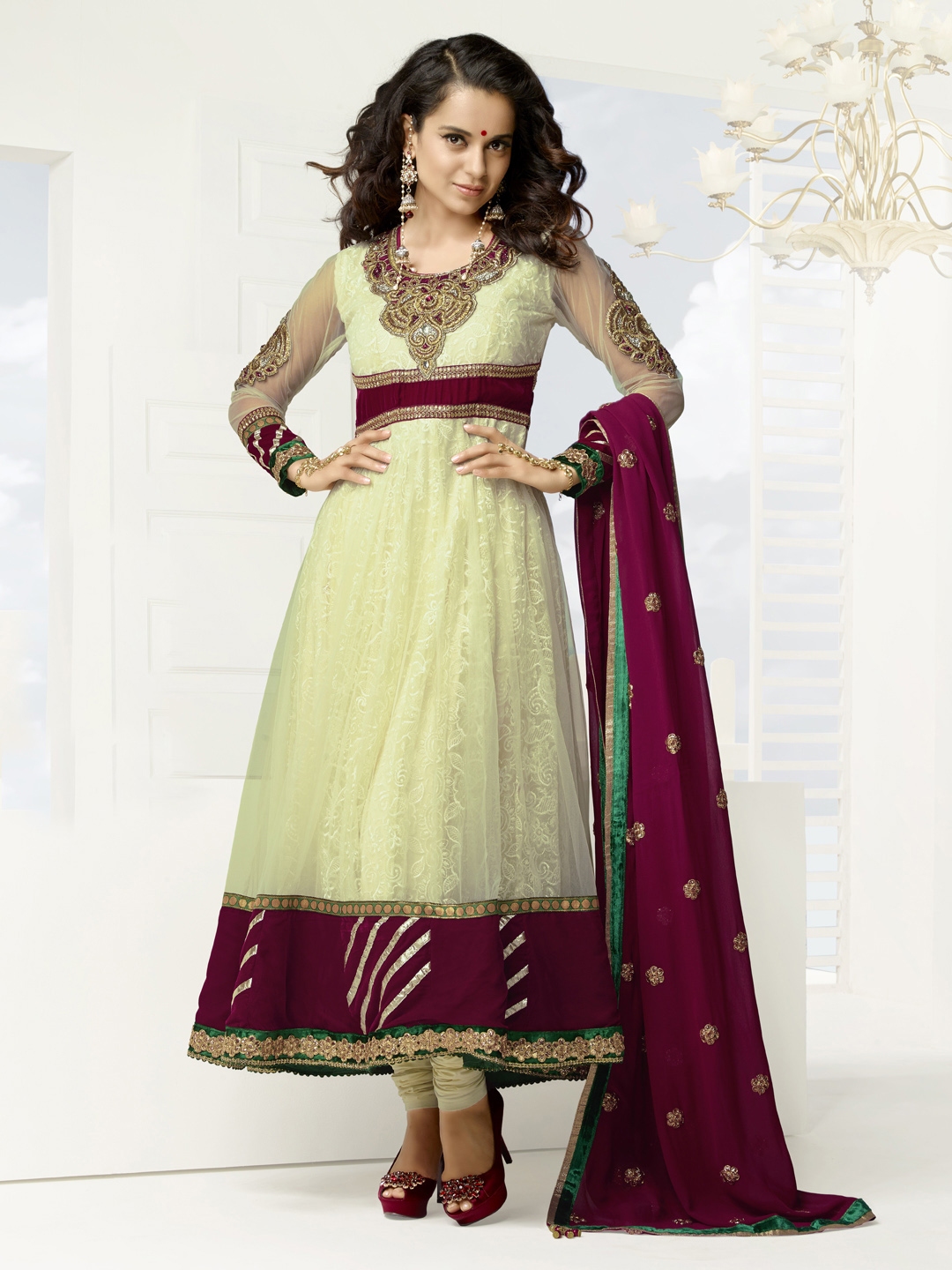 Buy Bridal Yellow & Maroon Supernet Semi Stitched Anarkali Dress ...