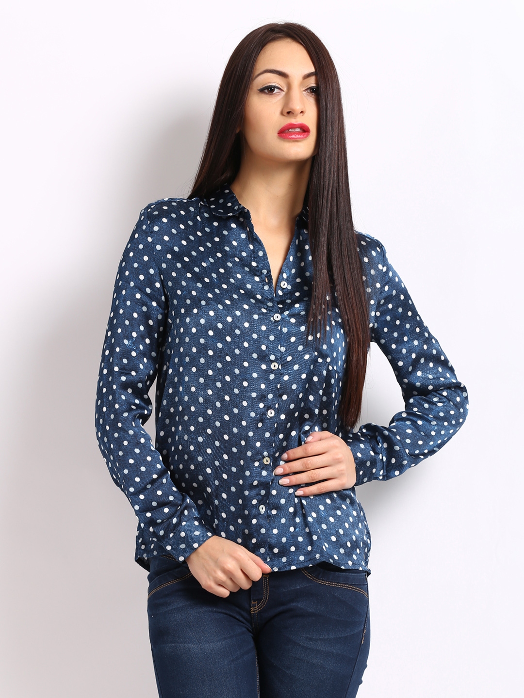 blue and white polka dot shirt