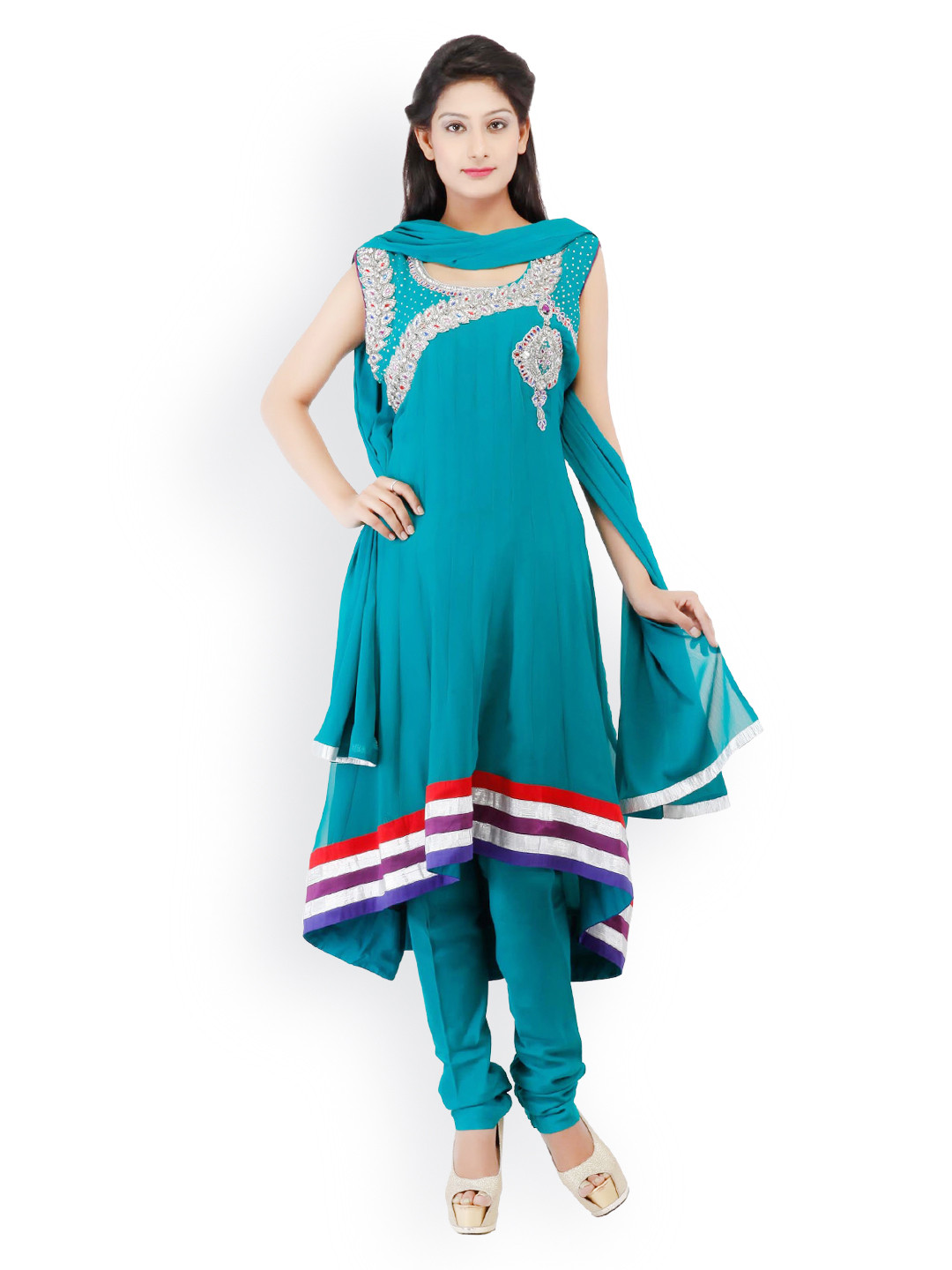 Chhabra 555 Women Blue Embroidered Anarkali Churidar Kurta with Dupatta