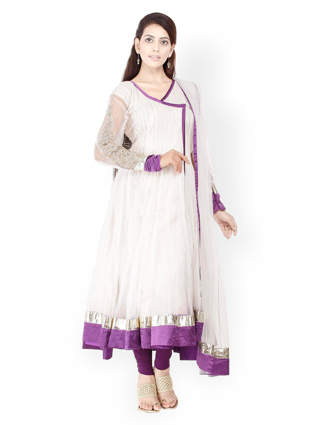 Chhabra 555 White & Purple Net Unstitched Dress Material