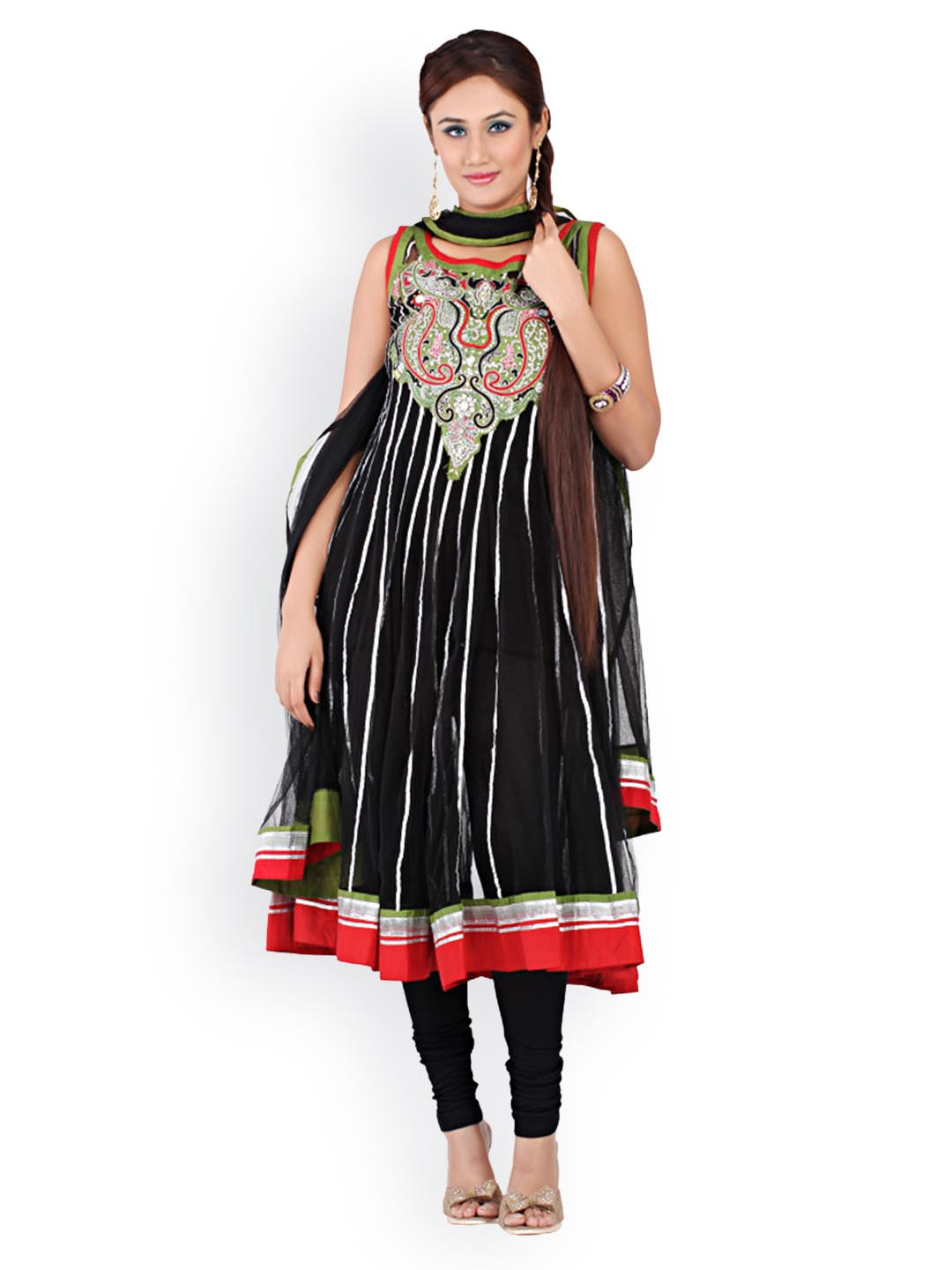 Chhabra 555 Black Embroidered Nylon Supernet Unstitched Anarkali Dress Material