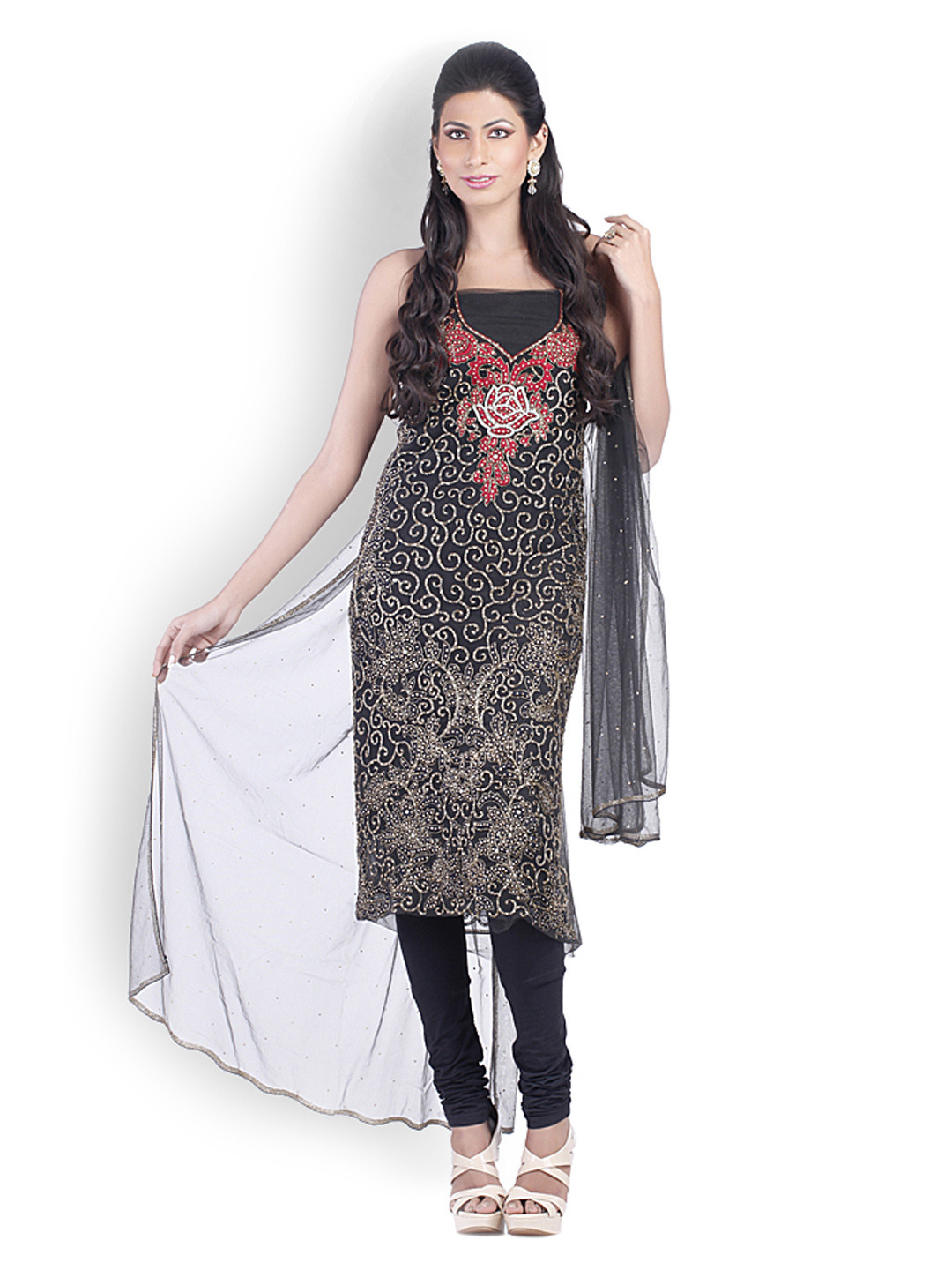 Chhabra 555 Black Embroidered Nylon Unstitched Dress Material