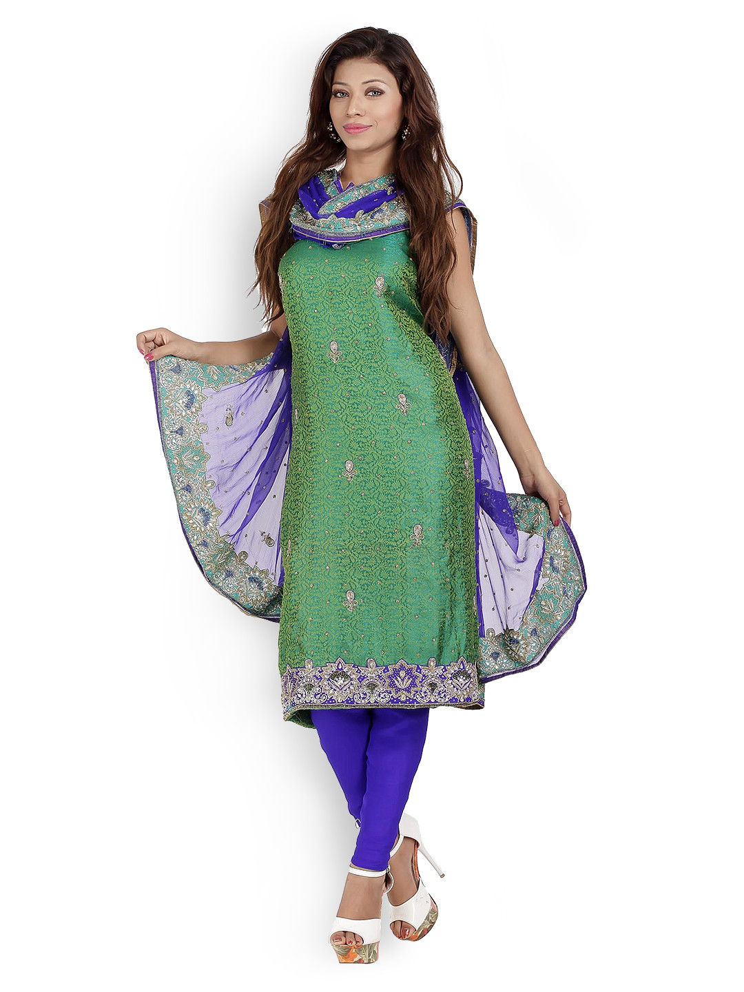 Chhabra 555 Green & Blue Brocade Unstitched Dress Material