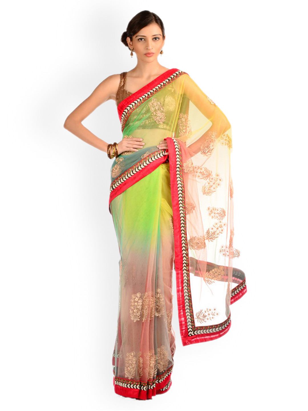Chhabra 555 Red & Green Nylon Fashion Saree