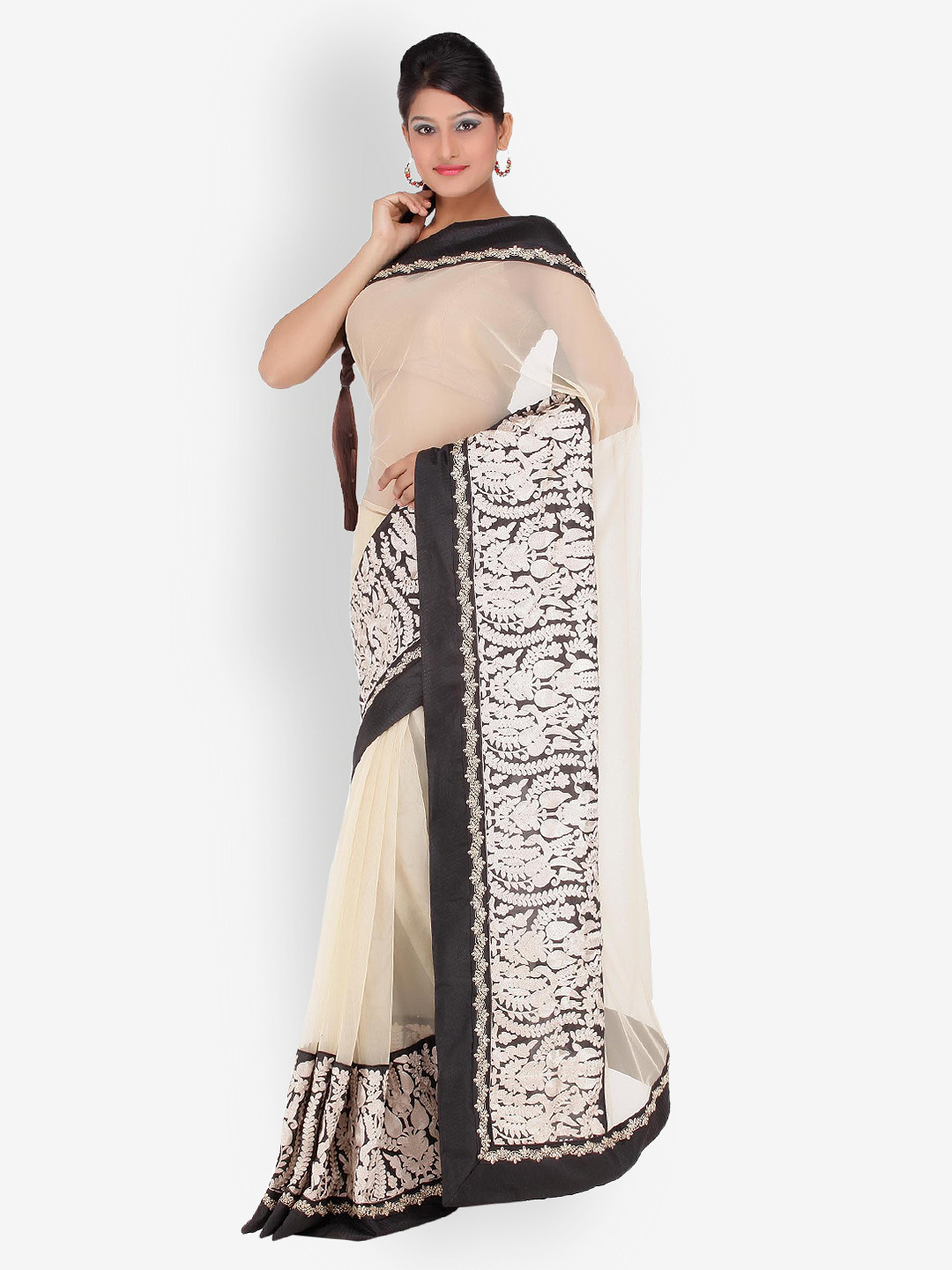 Chhabra 555 Beige & Black Nylon Net Fashion Saree