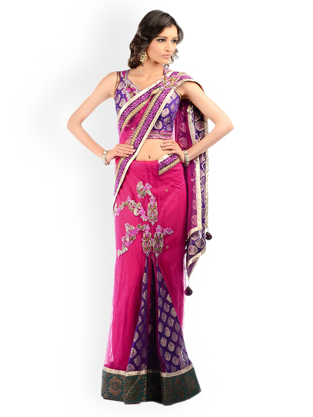 Chhabra 555 Pink & Purple Embroidered Fashion Saree