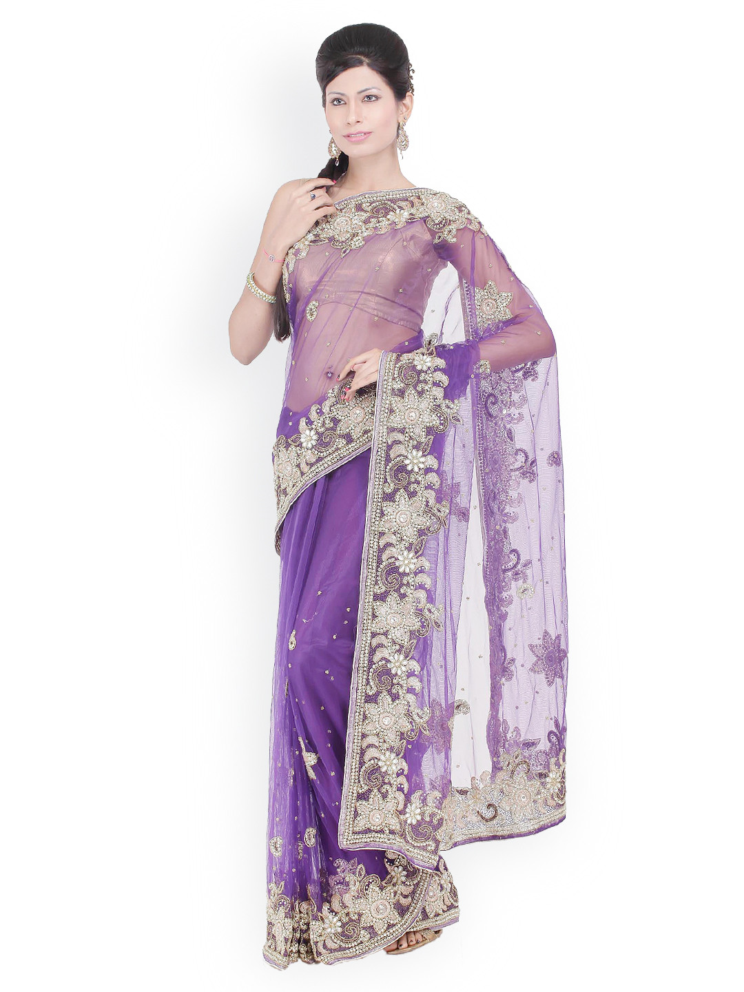 Chhabra 555 Purple Embroidered Net Fashion Saree
