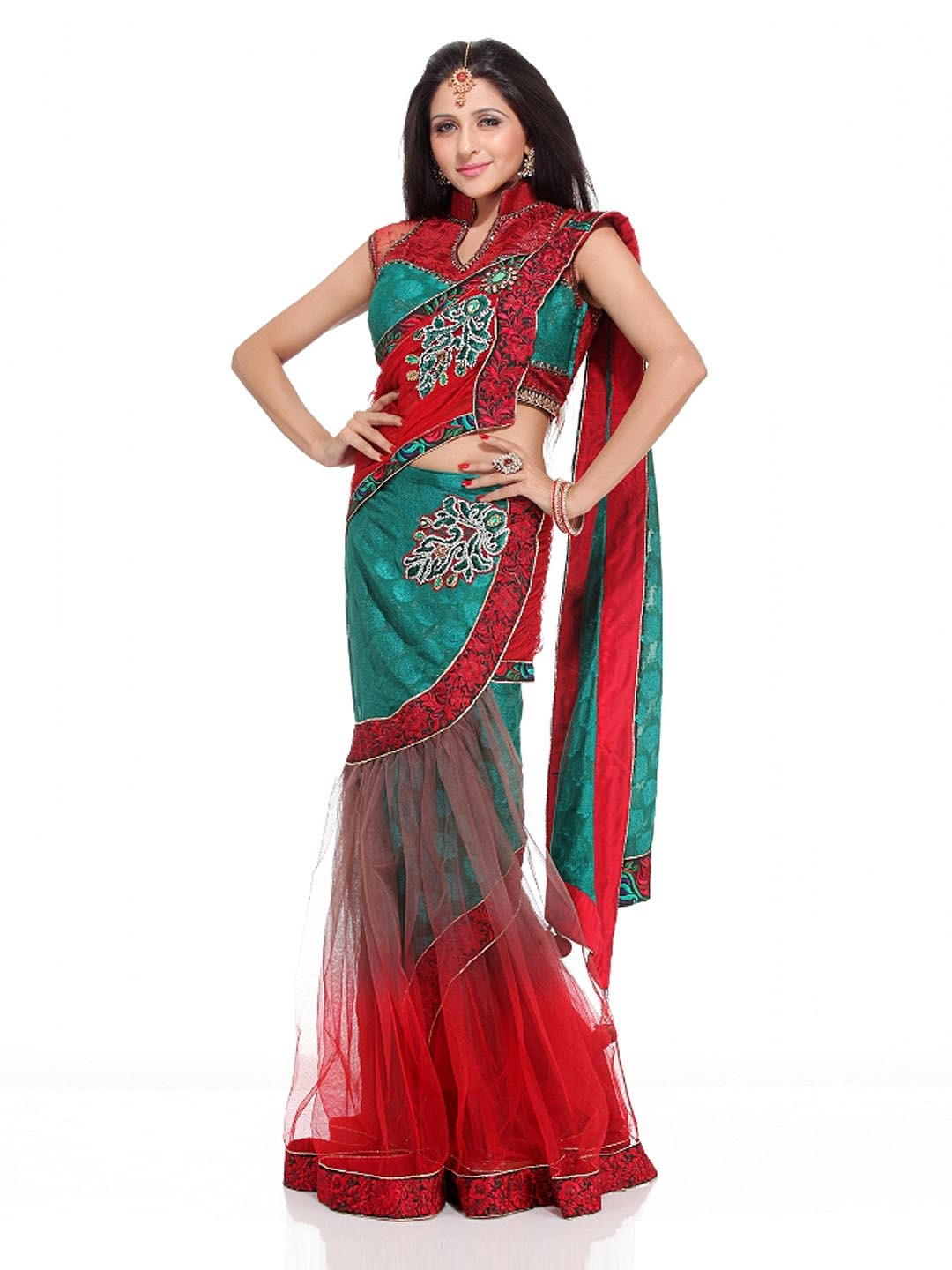 Chhabra 555 Green & Red Embroidered Nylon Lehenga Saree