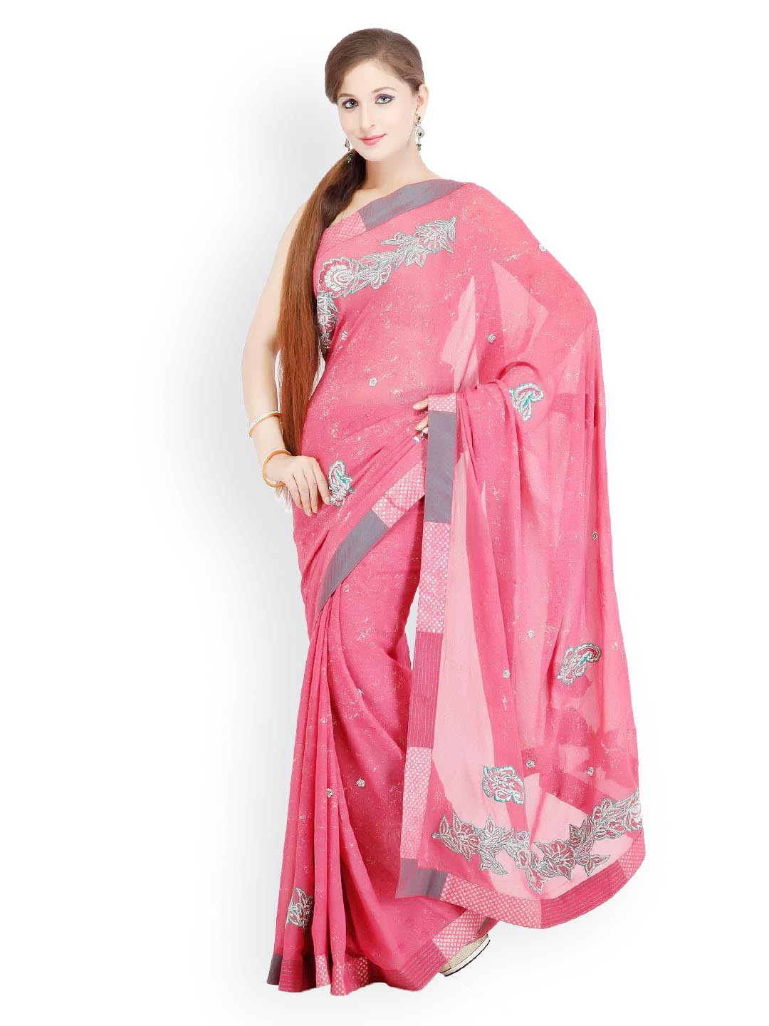 Chhabra 555 Pink Embroidered Art Georgette Fashion Saree