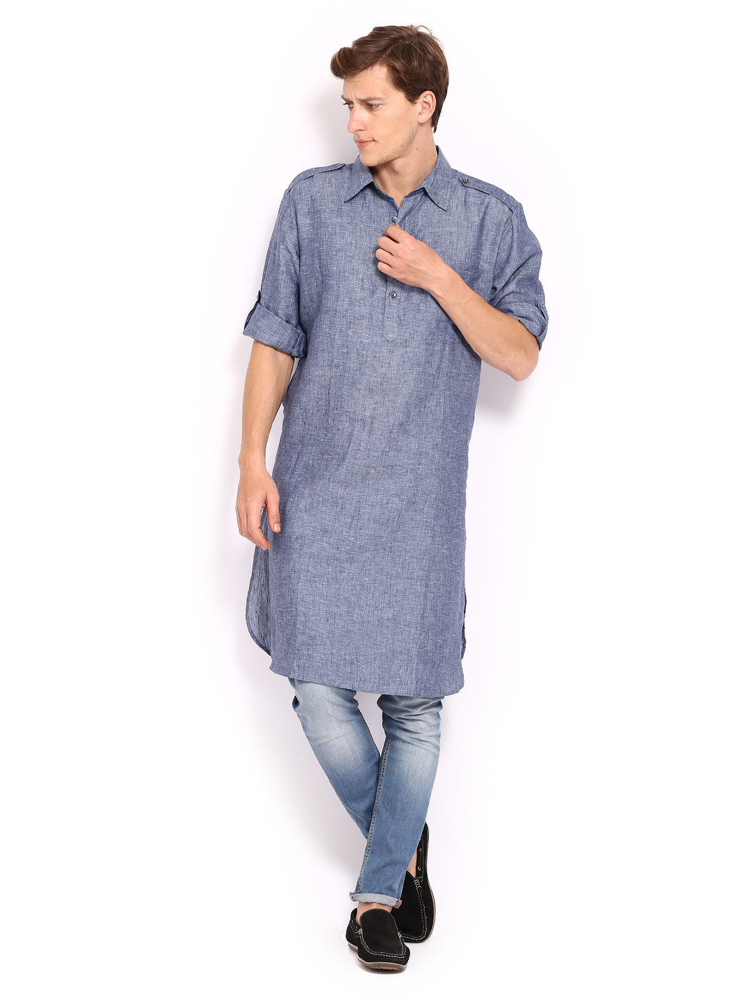 Buy Fabindia Men Denim Blue Linen Kurta 